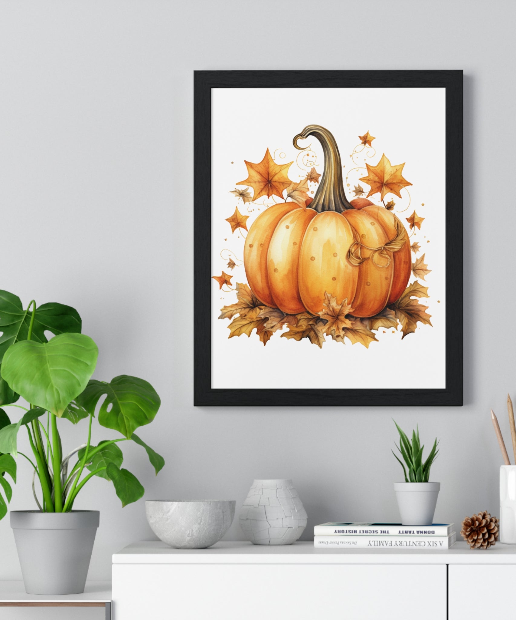 Decorative Autumn Pumpkin Wall Art – Bow-Tied Harvest Poster with Leaves & Swirls | Wooden Frame Fall Decor