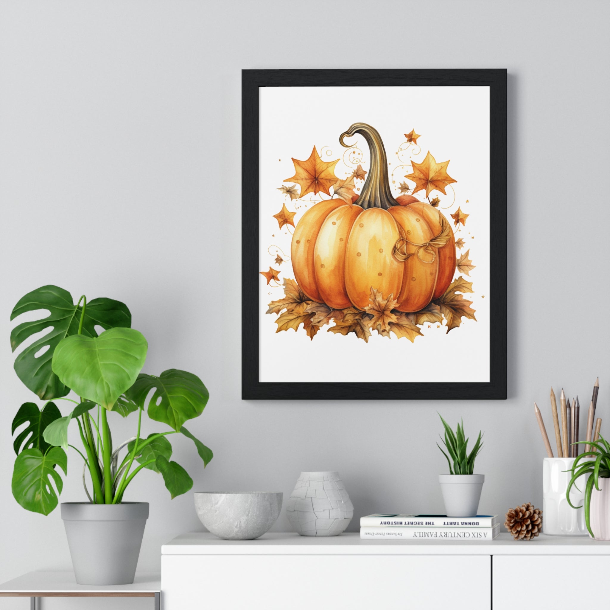 Decorative Autumn Pumpkin Wall Art – Bow-Tied Harvest Poster with Leaves & Swirls | Wooden Frame Fall Decor
