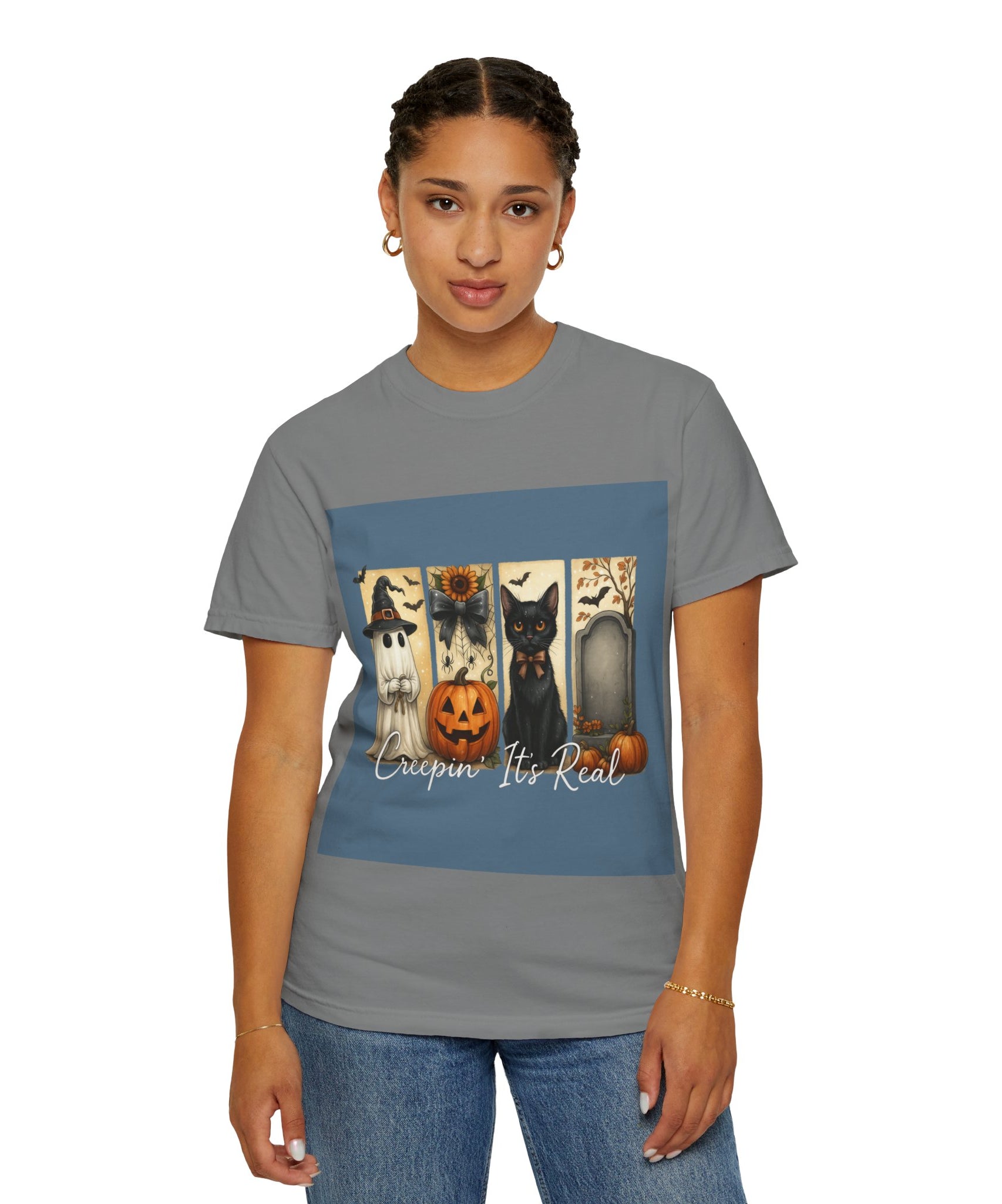 Creepin’ It’s Real Halloween T-Shirt – Cute Ghost, Pumpkin, Black Cat & Tombstone Design - Gallory Hive