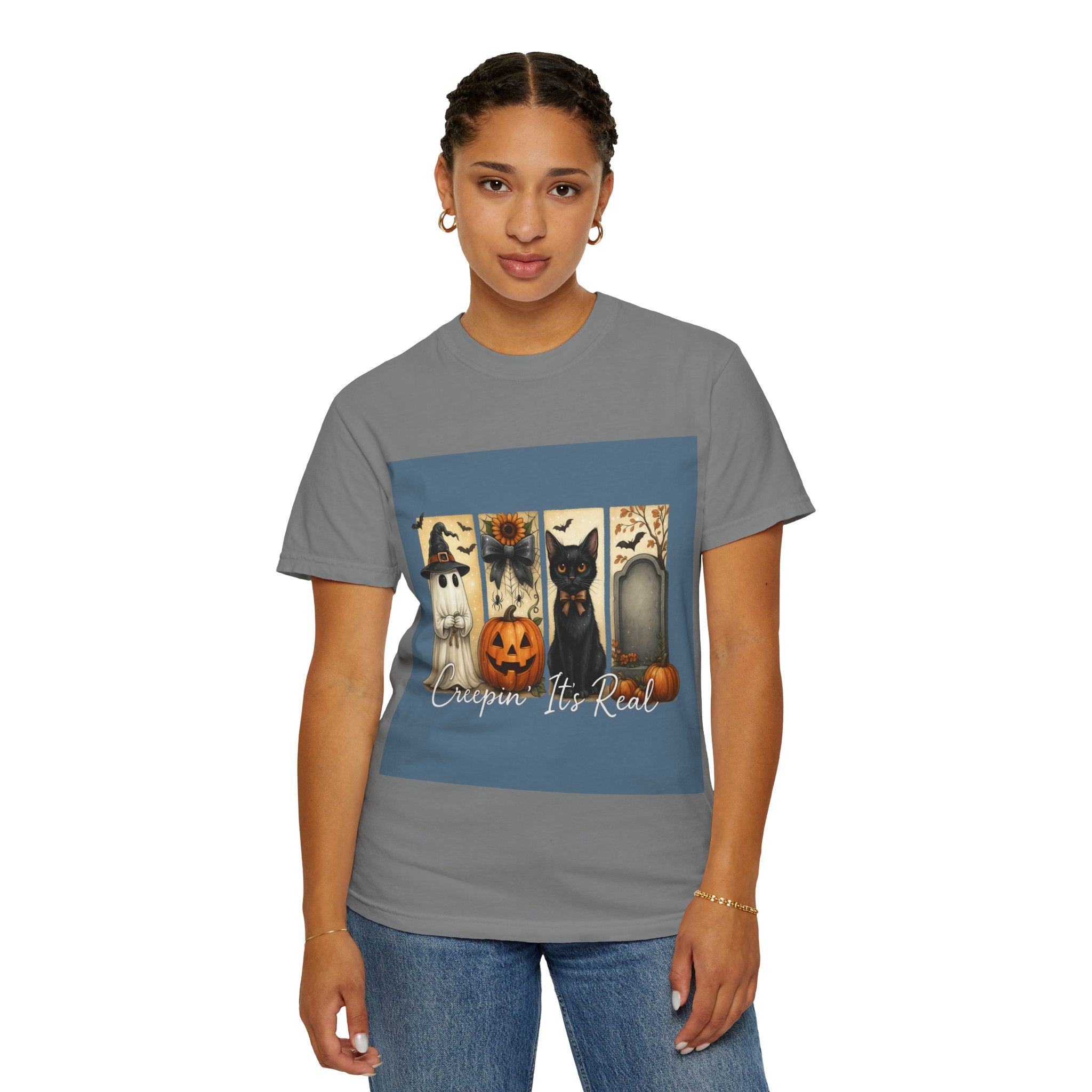 Creepin’ It’s Real Halloween T-Shirt – Cute Ghost, Pumpkin, Black Cat & Tombstone Design