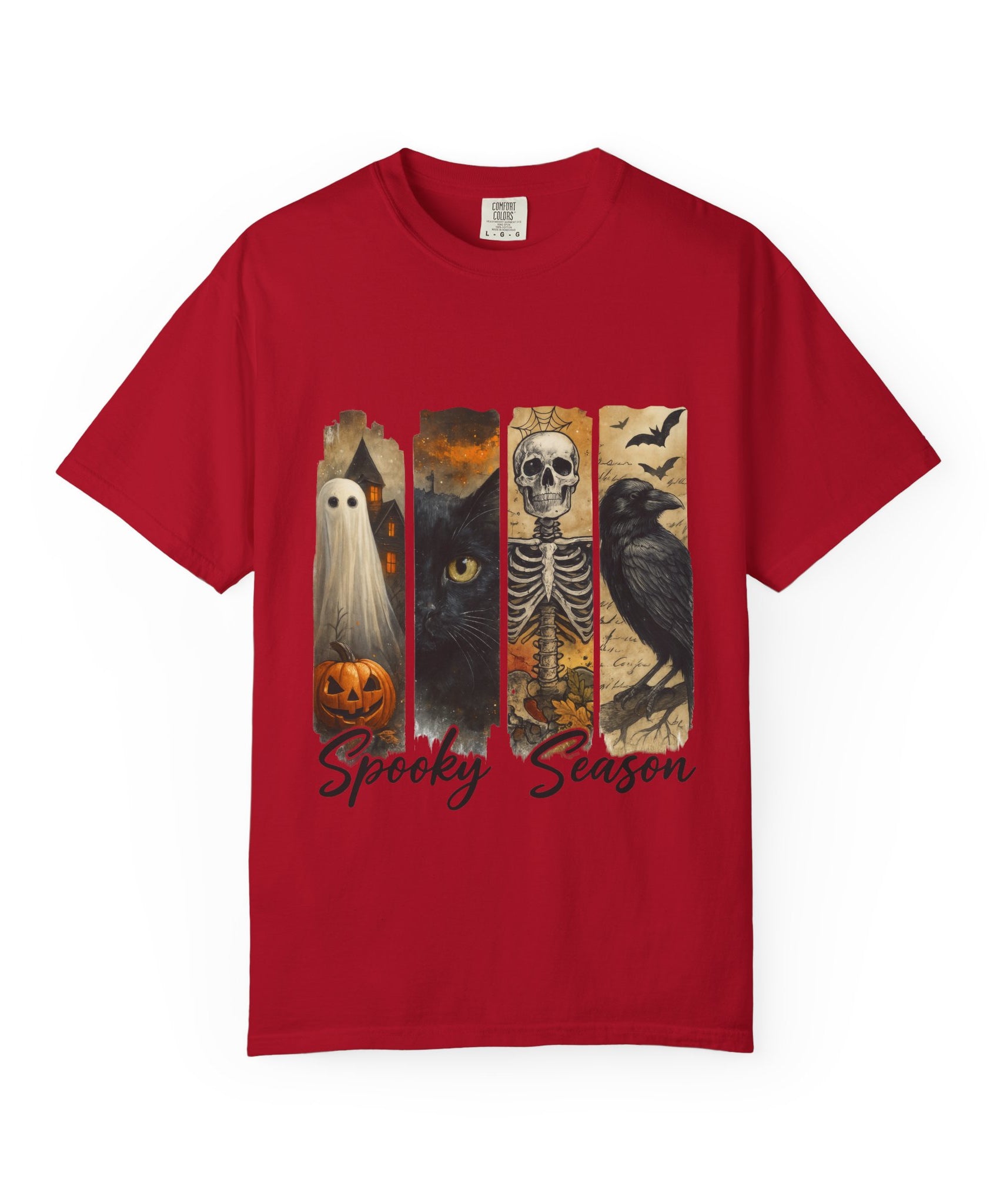 Spooky Season Gothic Halloween T-Shirt – Ghost, Black Cat, Skeleton & Raven Design - Gallory Hive