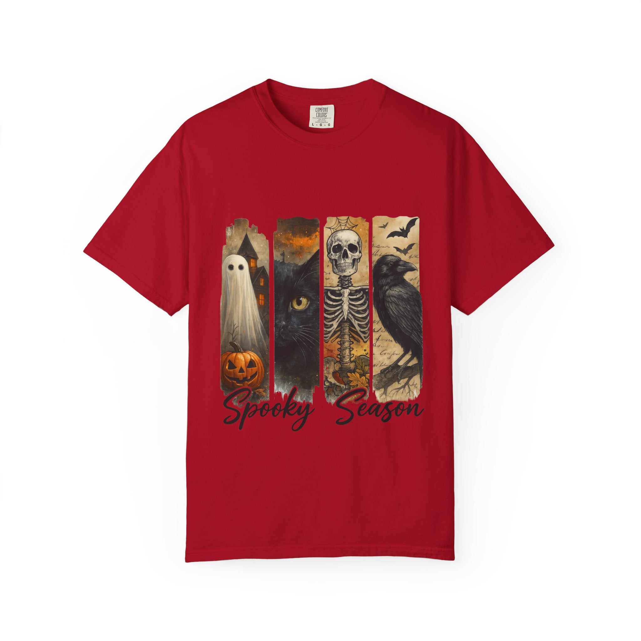 Spooky Season Gothic Halloween T-Shirt – Ghost, Black Cat, Skeleton & Raven Design