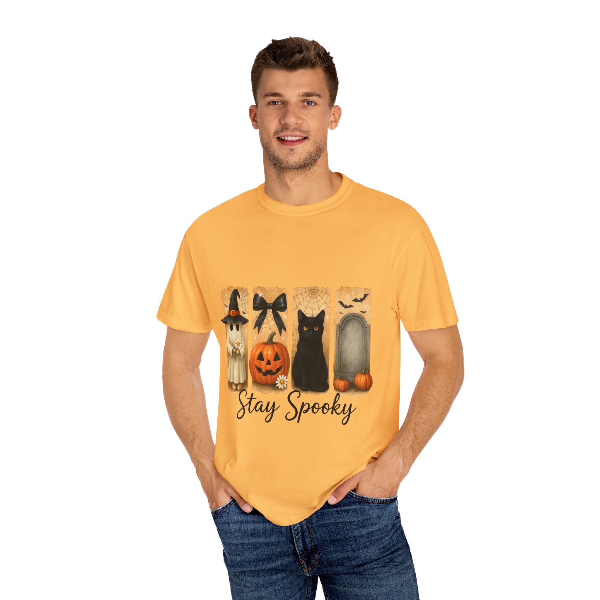 Cute Halloween T-Shirt – Ghost in Witch Hat, Pumpkin, Black Cat & Tombstone Design