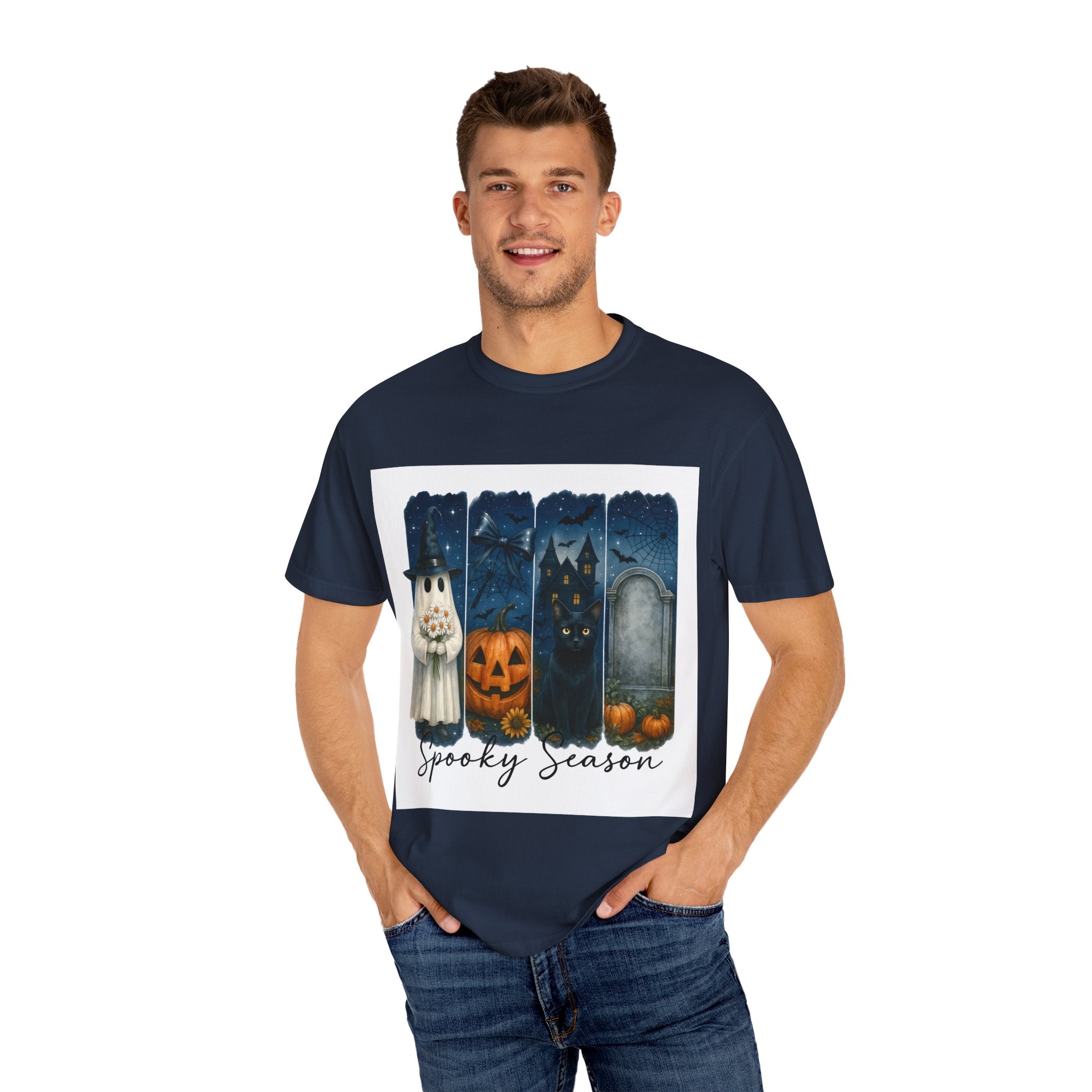 Spooky Season Halloween T-Shirt – Ghost, Black Cat, Pumpkin & Haunted House Design