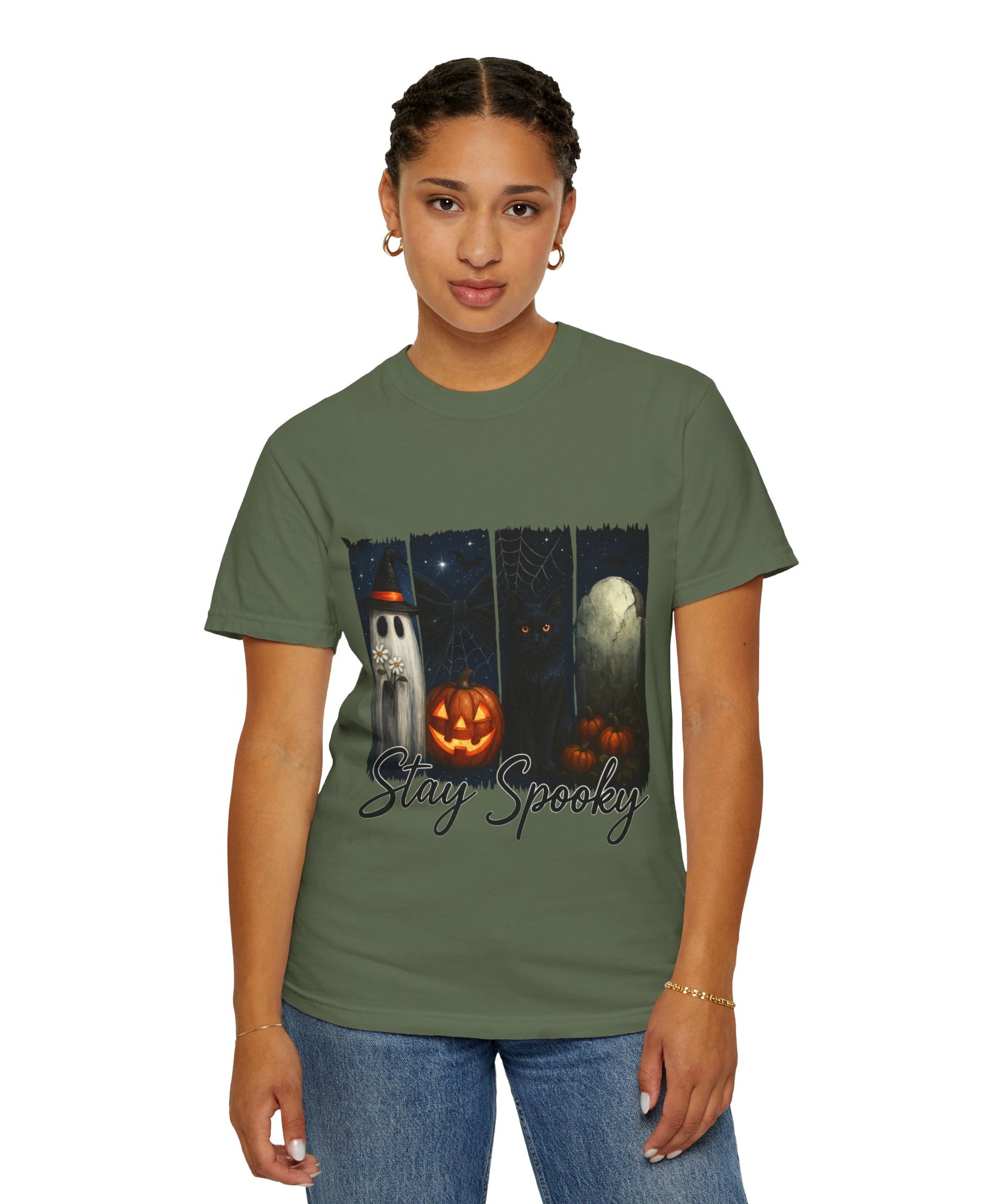 Stay Spooky Halloween T-Shirt – Cute Ghost, Black Cat, Pumpkin & Graveyard Design - Gallory Hive
