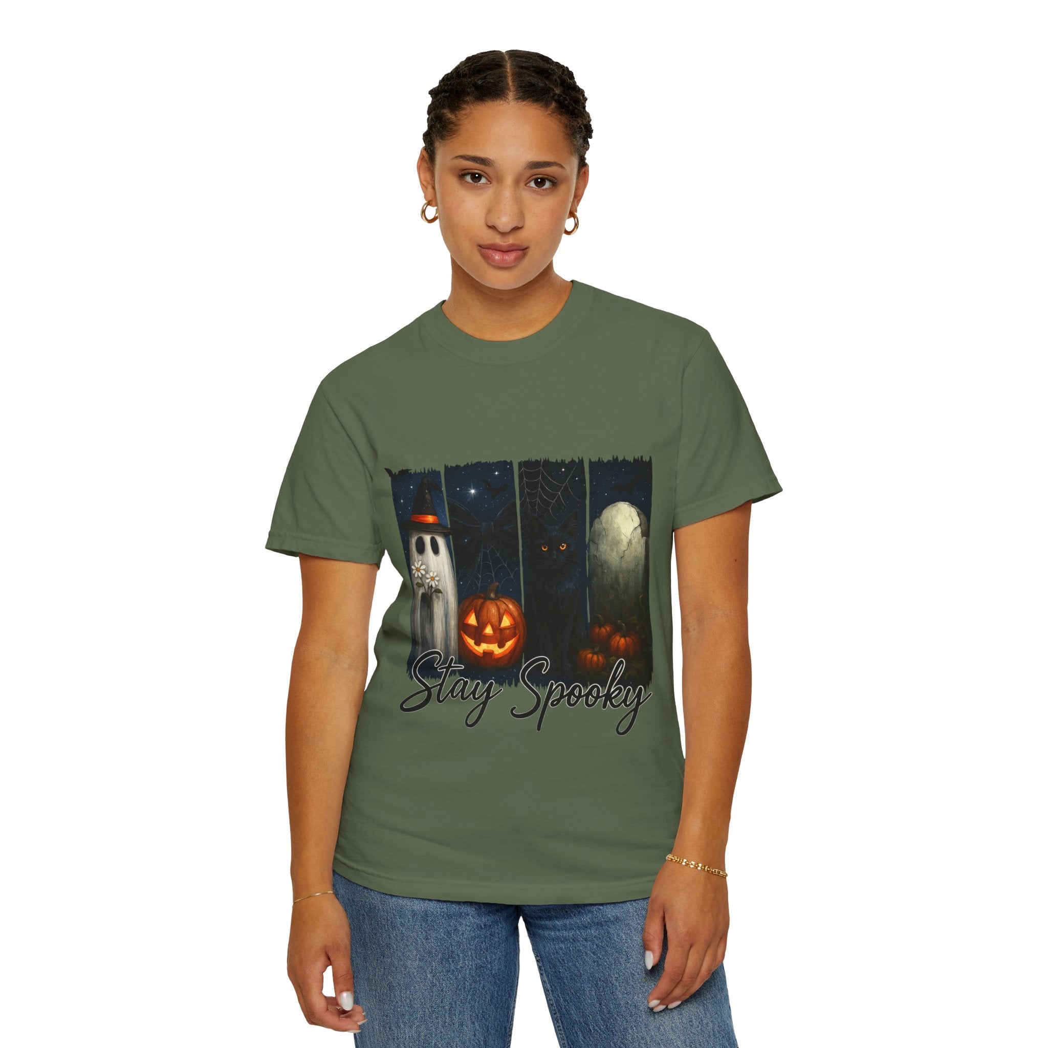 Stay Spooky Halloween T-Shirt – Cute Ghost, Black Cat, Pumpkin & Graveyard Design