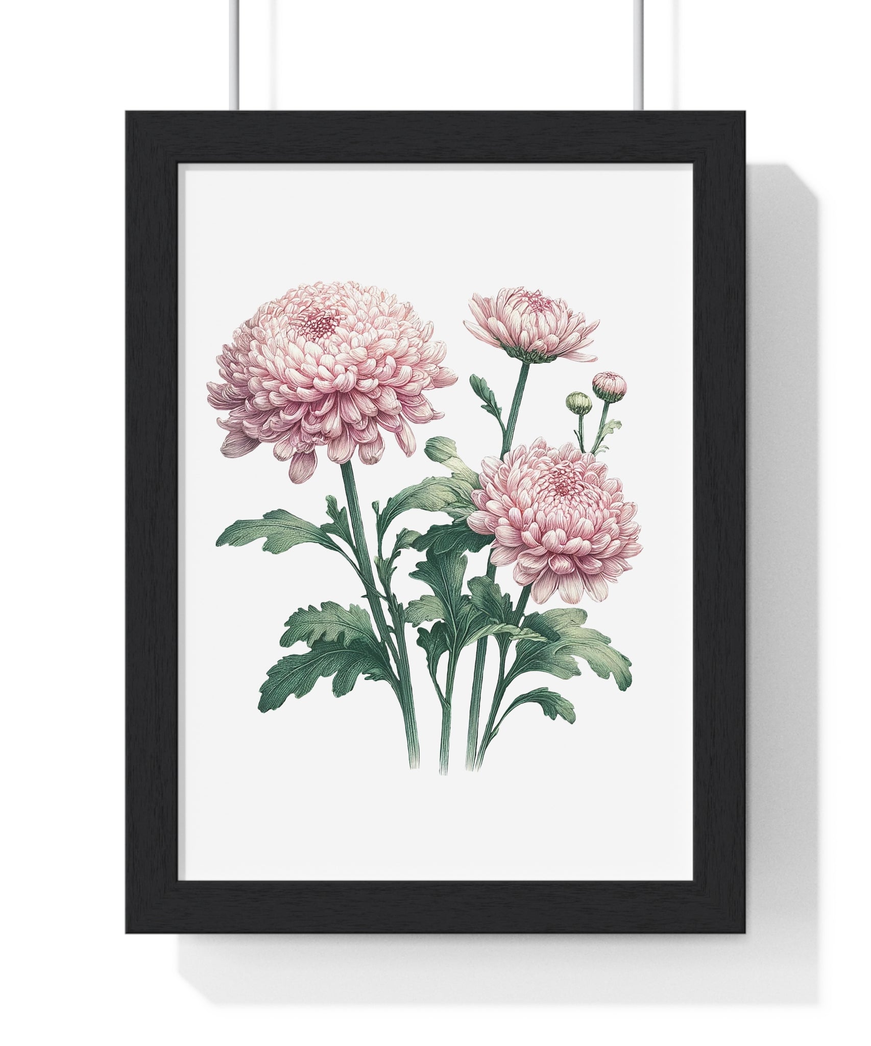 November Birth Month Flower Wall Art – Pink Chrysanthemum Illustration in Wooden Frame | Loyalty, Love & Joy