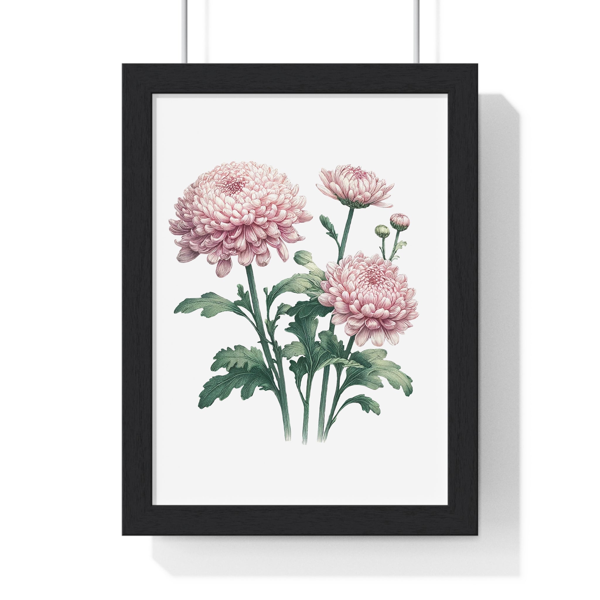 November Birth Month Flower Wall Art – Pink Chrysanthemum Illustration in Wooden Frame | Loyalty, Love & Joy