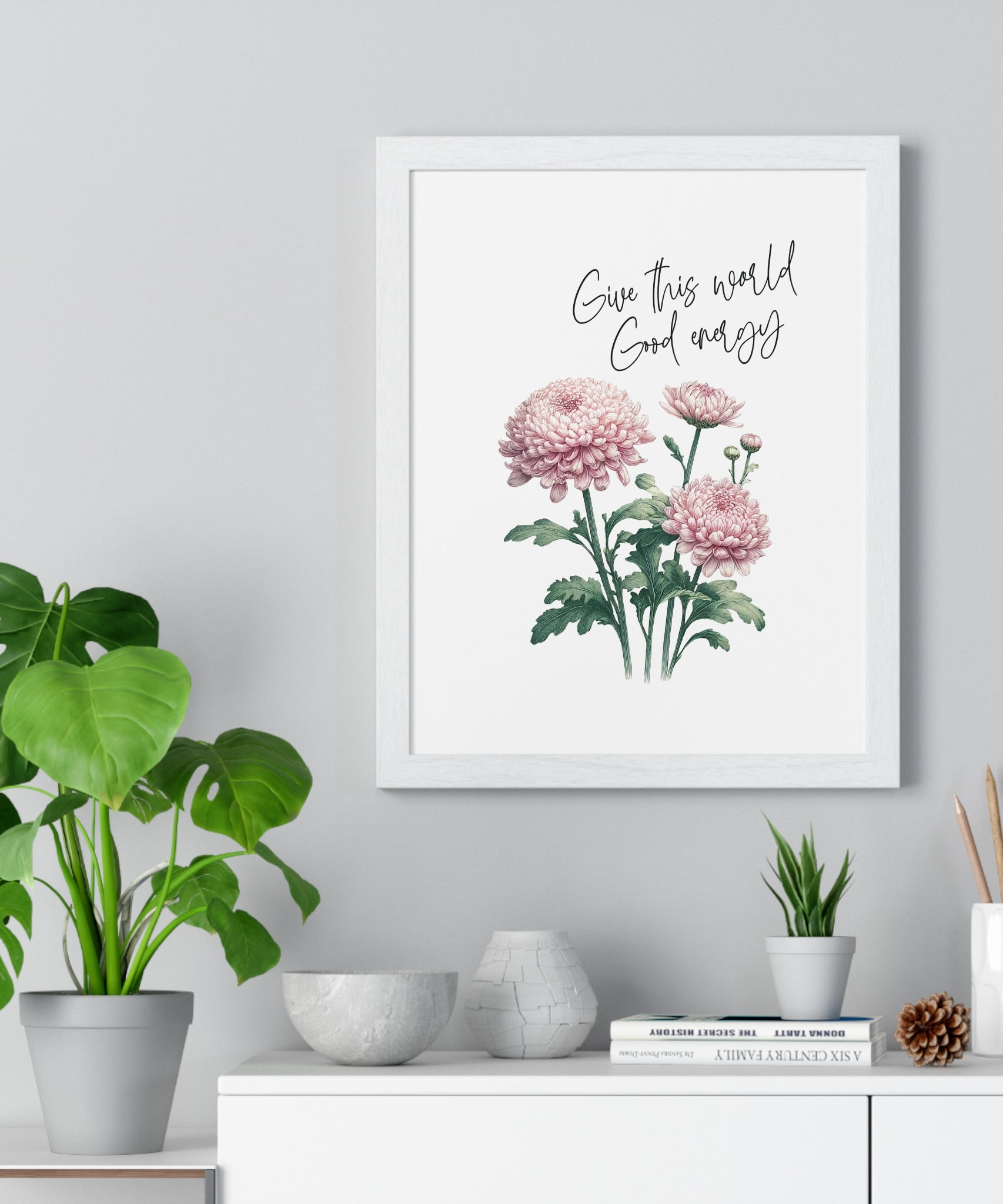 November Birth Month Flower Wall Art – Chrysanthemum Illustration with Inspirational Quote in Wooden Frame | Good Energy & Joy