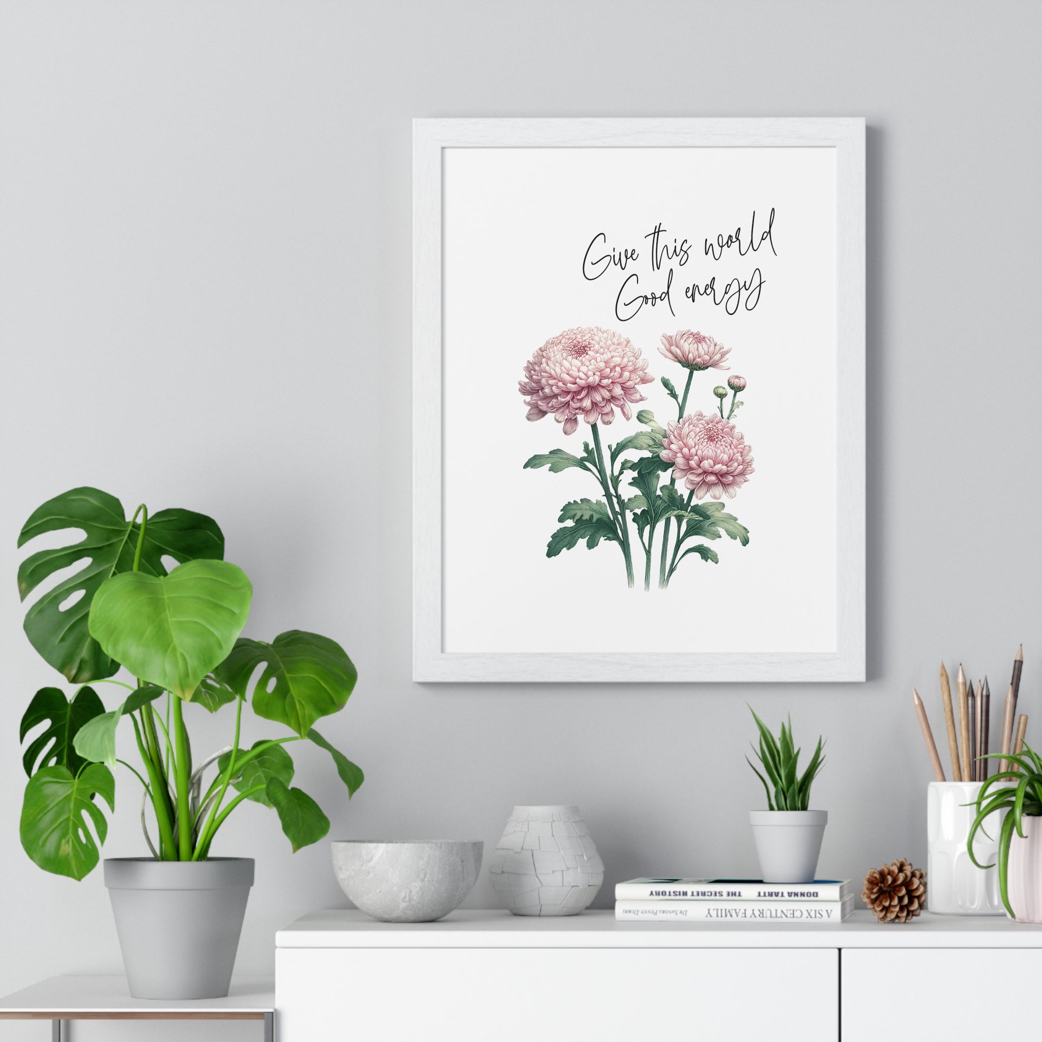 November Birth Month Flower Wall Art – Chrysanthemum Illustration with Inspirational Quote in Wooden Frame | Good Energy & Joy