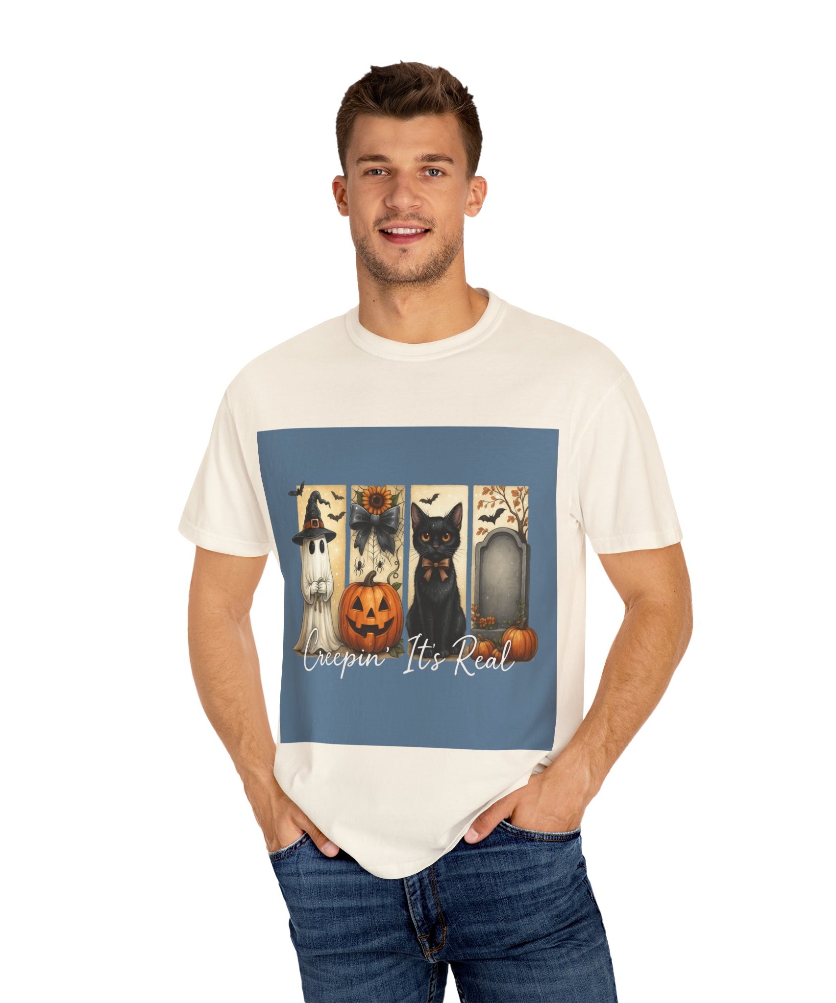 Creepin’ It’s Real Halloween T-Shirt – Cute Ghost, Pumpkin, Black Cat & Tombstone Design - Gallory Hive