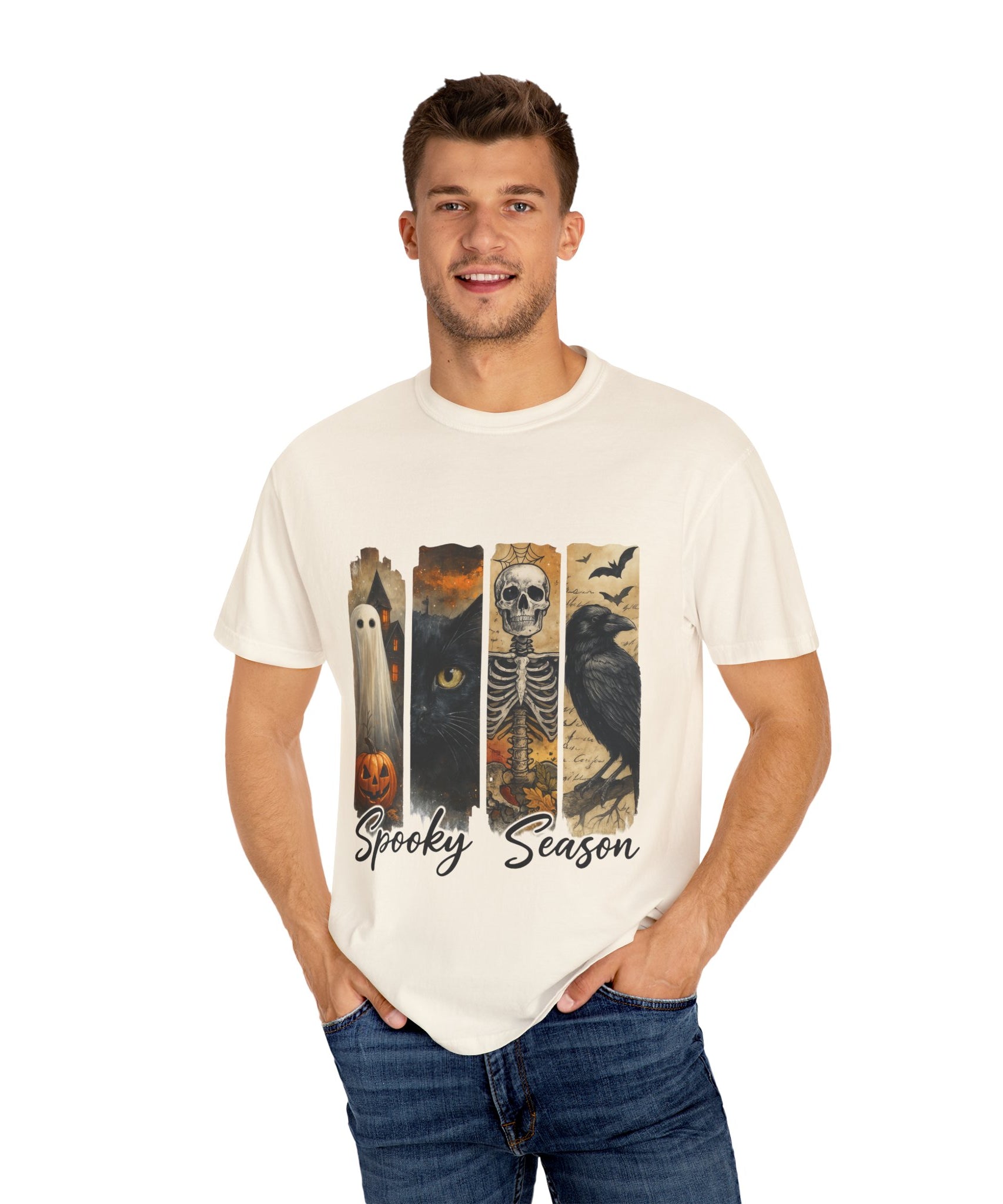 Spooky Season Gothic Halloween T-Shirt – Ghost, Black Cat, Skeleton & Raven Design - Gallory Hive
