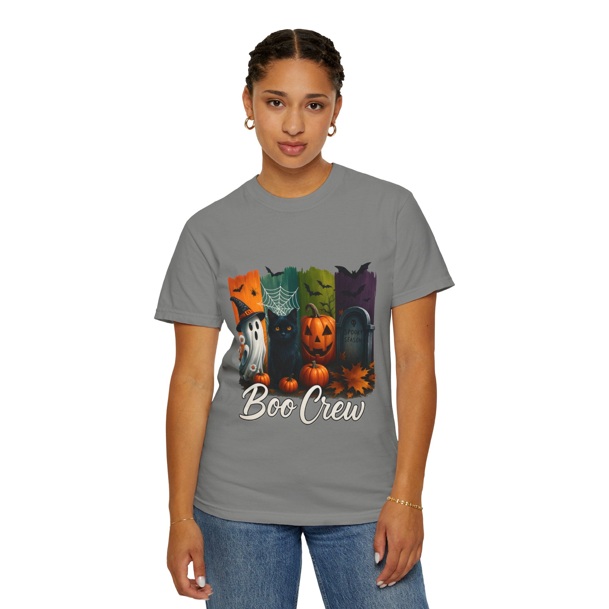 Boo Crew Halloween Unisex T-Shirt – Cute Ghost, Black Cat, Pumpkin & Tombstone Design
