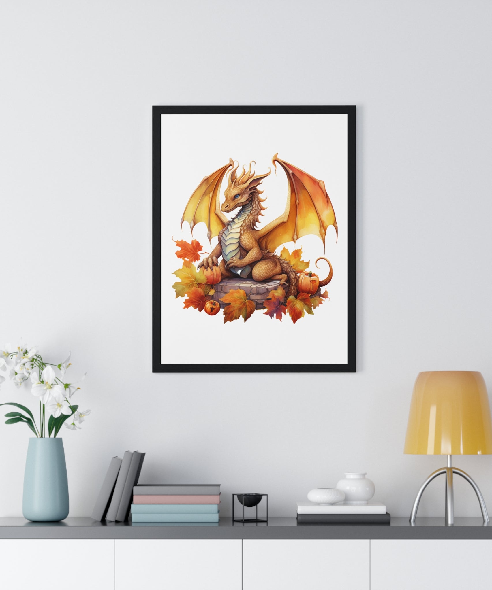 Autumn Dragon Wall Art – Fantasy Fall Decor with Pumpkins