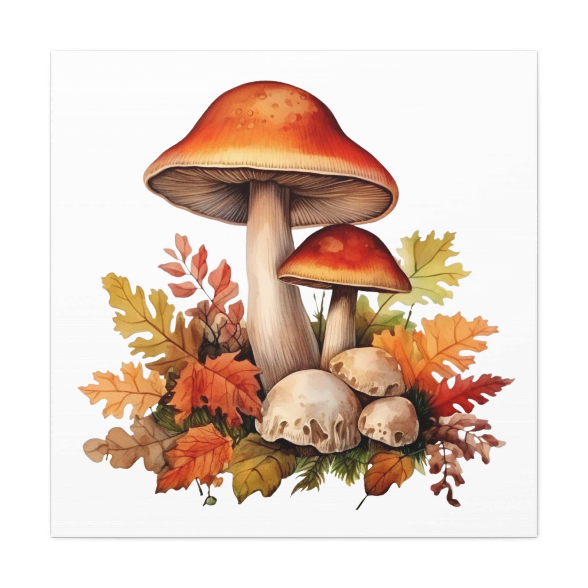 Forest Harvest – Autumn Mushrooms & Leaves Illustration on Floral Canvas Wall Art