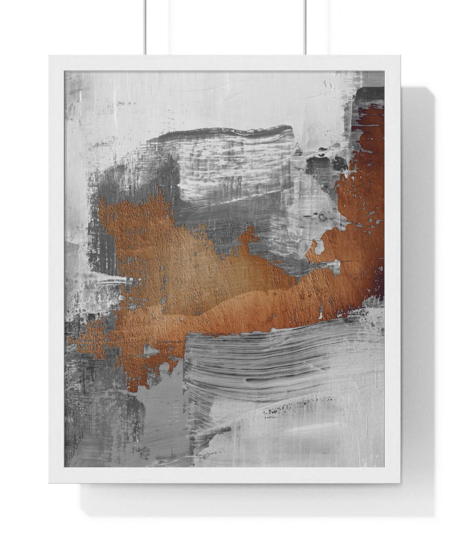 Textured Abstract Wall Art – Grey, Copper & White Modern Brushstroke Poster on Wooden Frame