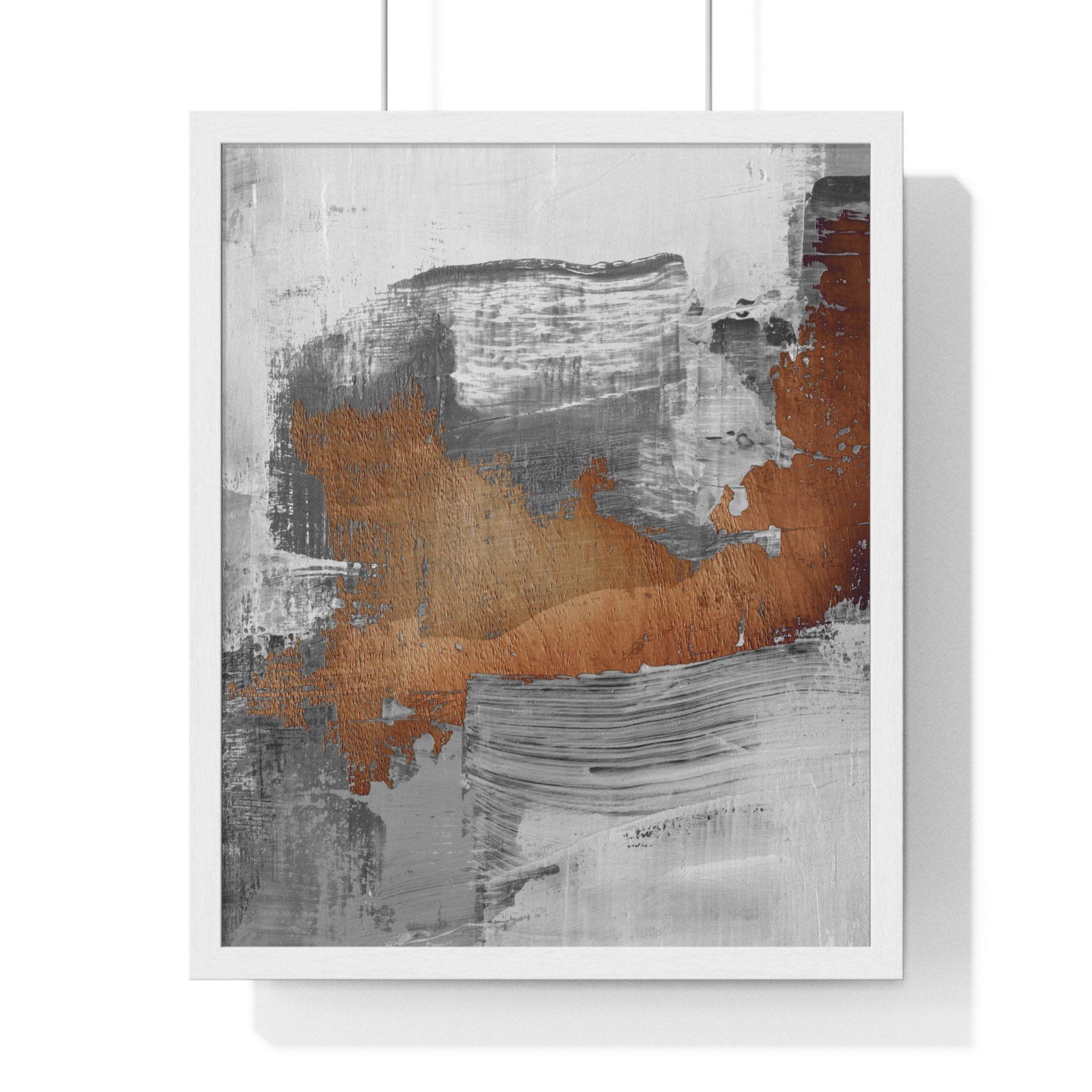 Textured Abstract Wall Art – Grey, Copper & White Modern Brushstroke Poster on Wooden Frame