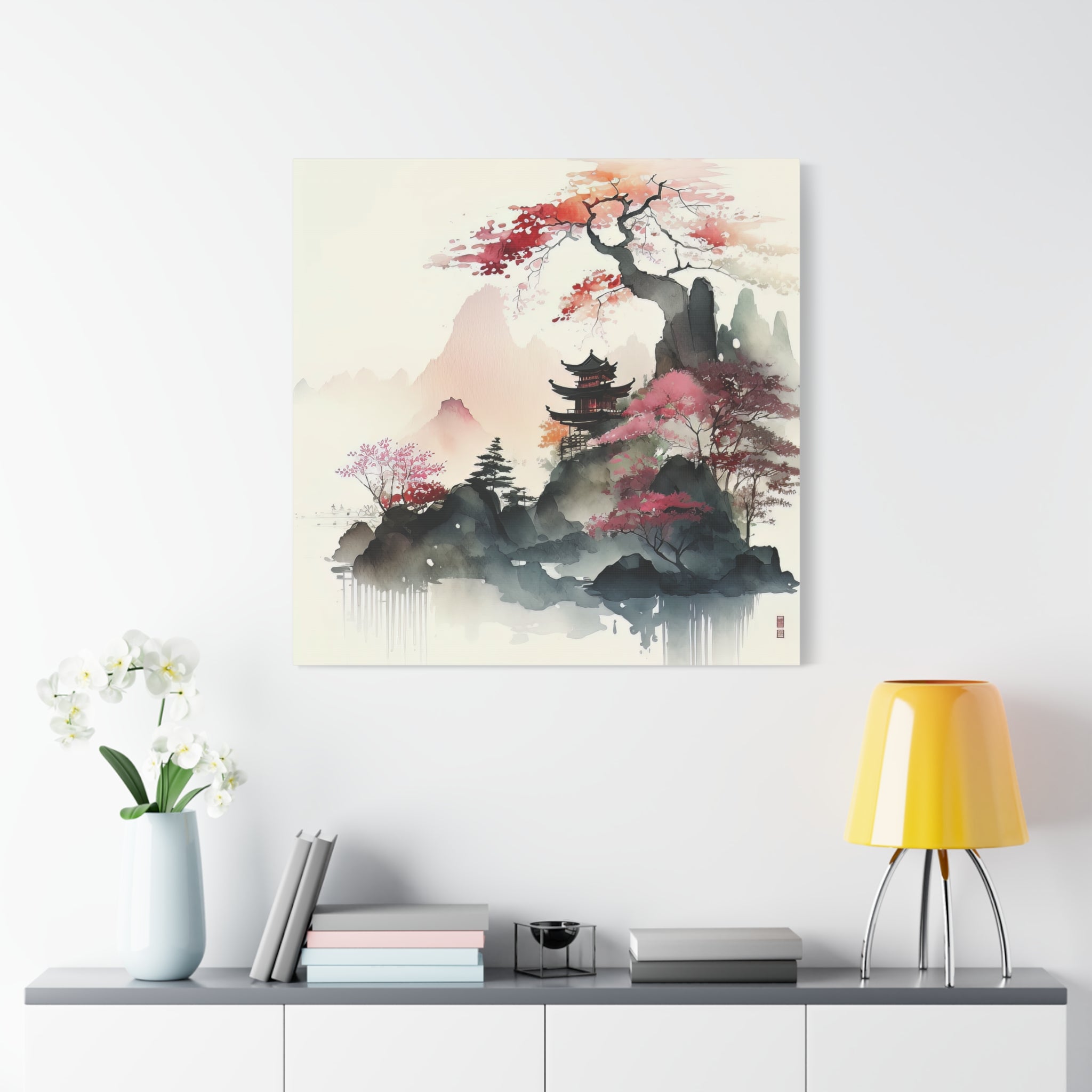 Tranquil Japanese Mountain Retreat – Watercolor Landscape Wall Art, Floral Canvas Print, Asian-Inspired Home Decor - Gallory Hive