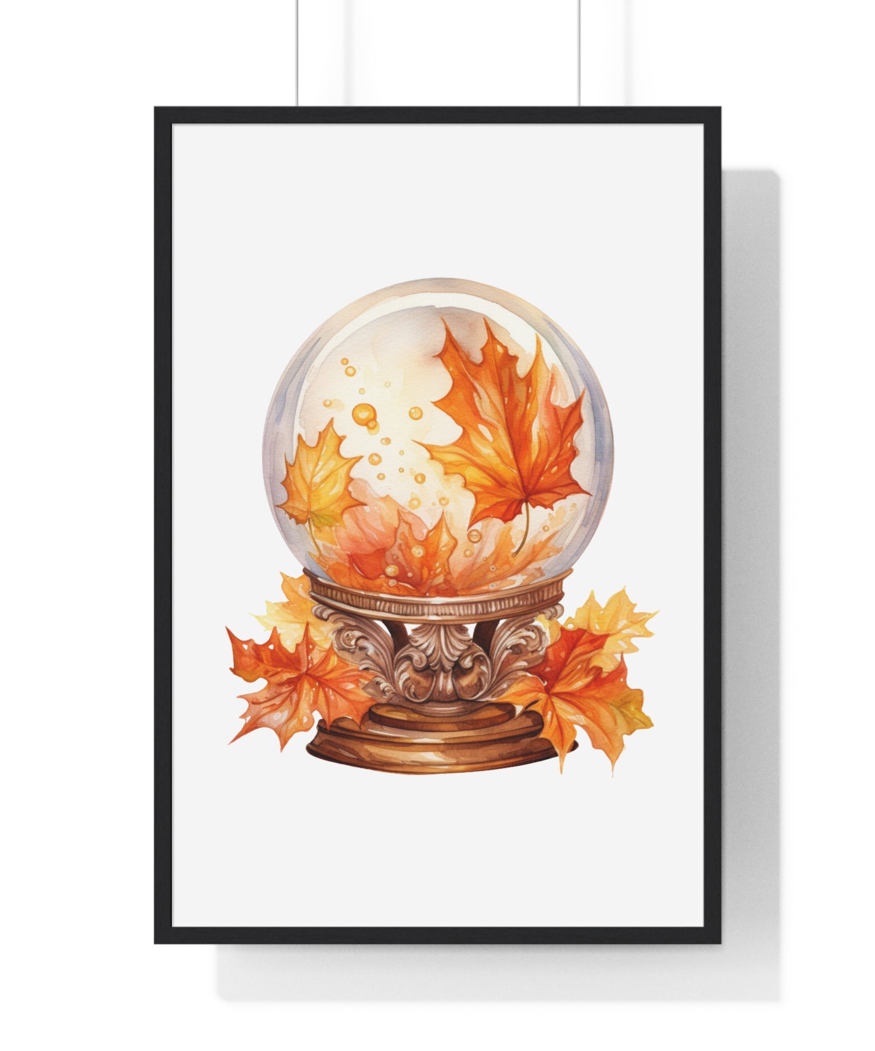 Floating Leaves Snow Globe Wall Art – Ornate Autumn Fantasy Poster | Wooden Frame Seasonal Home Decor