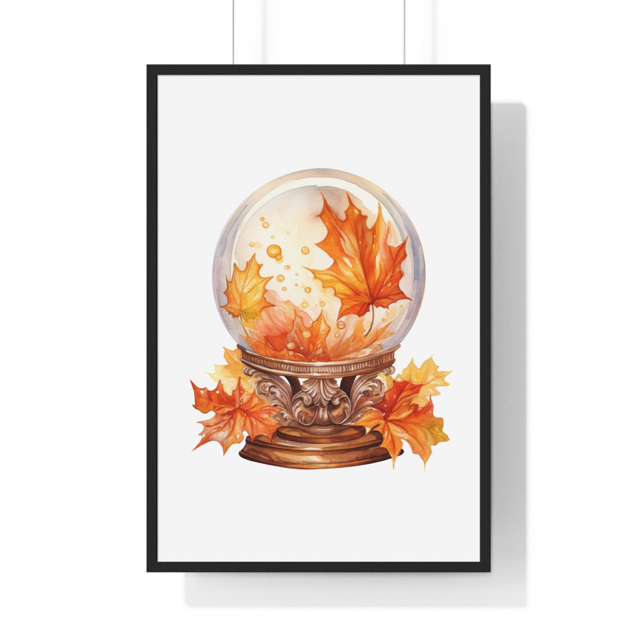 Floating Leaves Snow Globe Wall Art – Ornate Autumn Fantasy Poster | Wooden Frame Seasonal Home Decor