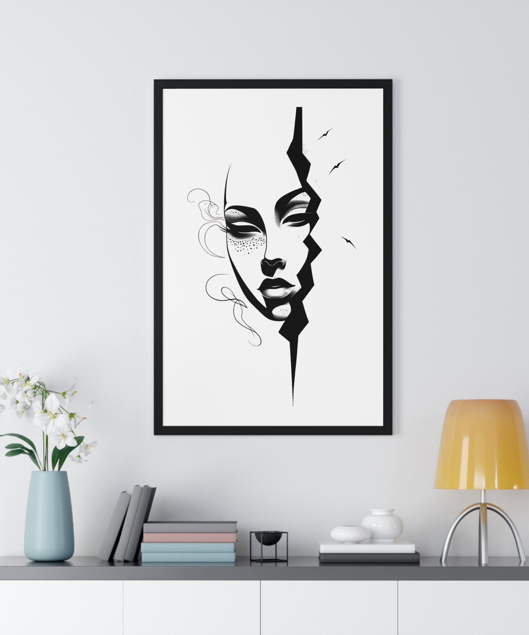 Vertical Framed Poster - Stylish Split Face Art Print | Modern Wall Decor, Home Aesthetic, Living Room Art, Unique Gift, Gallery Wall - Gallory Hive