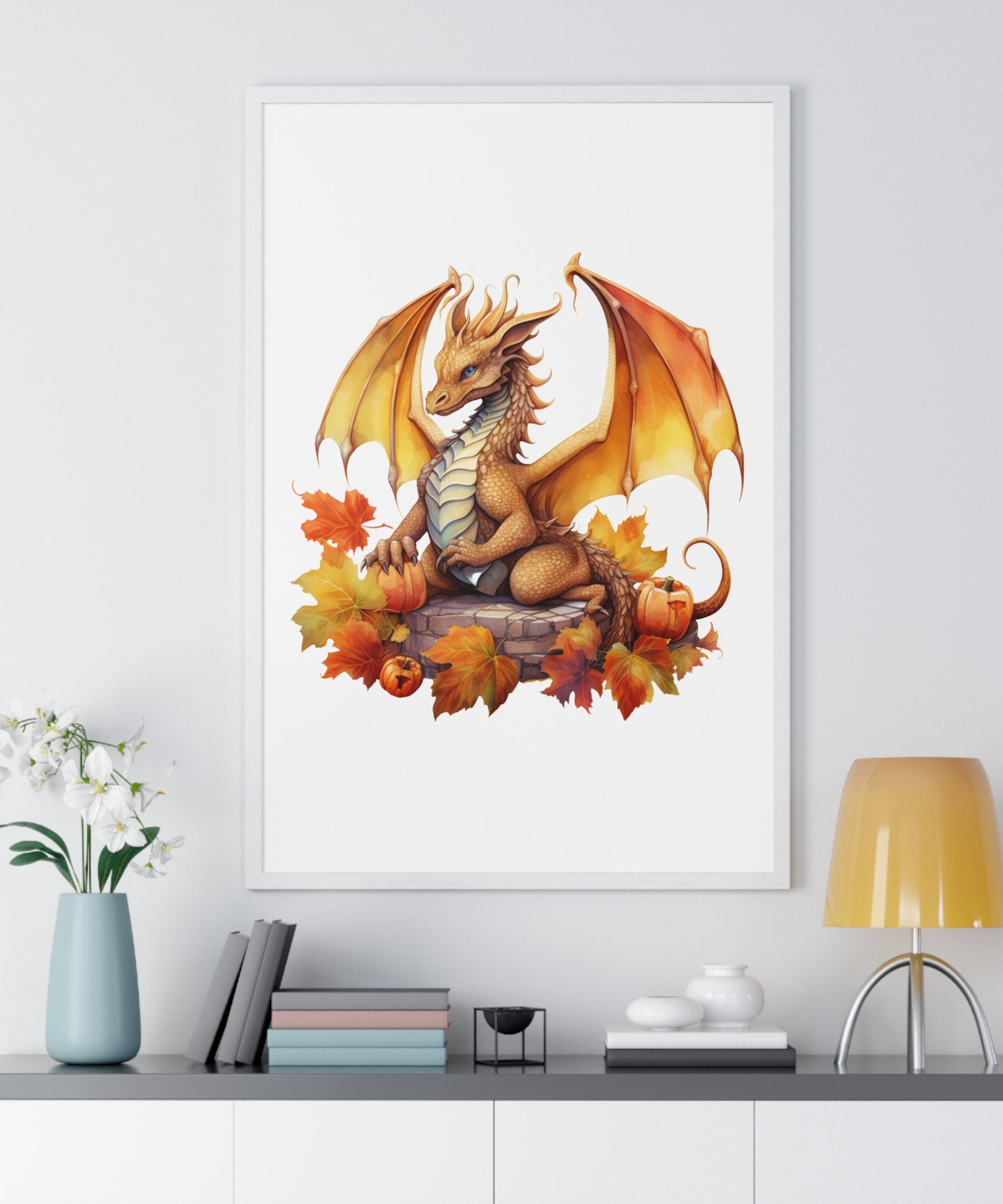 Autumn Dragon Wall Art – Fantasy Fall Decor with Pumpkins