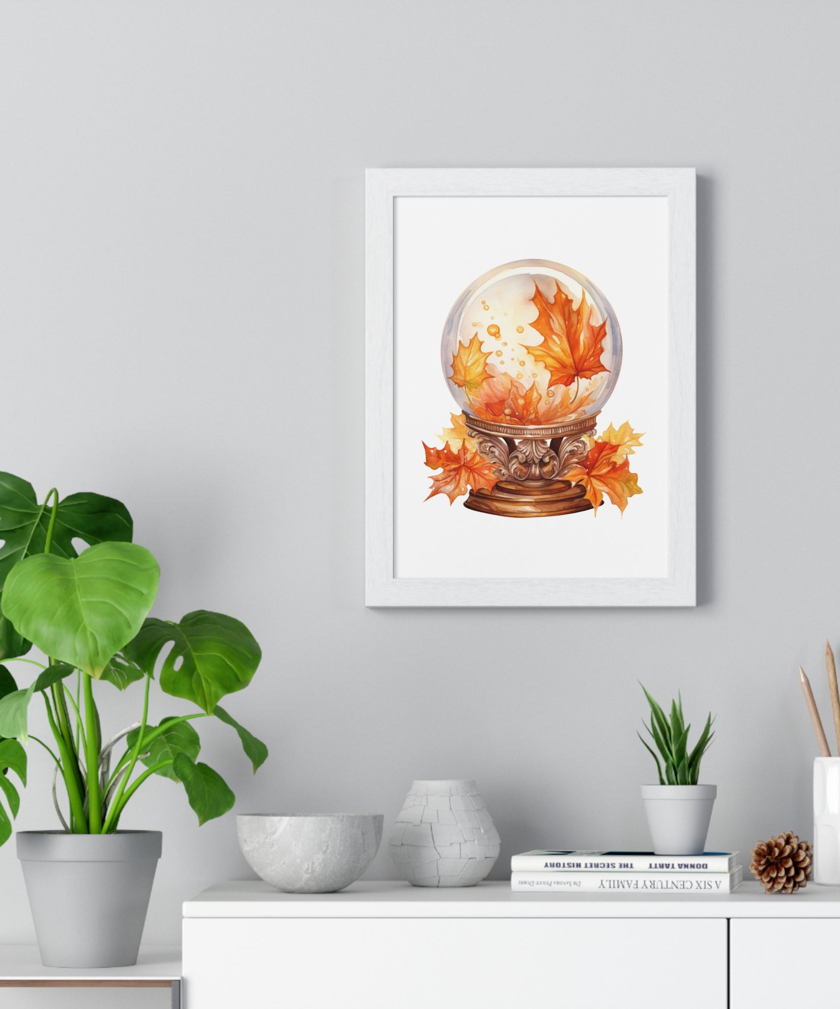 Floating Leaves Snow Globe Wall Art – Ornate Autumn Fantasy Poster | Wooden Frame Seasonal Home Decor