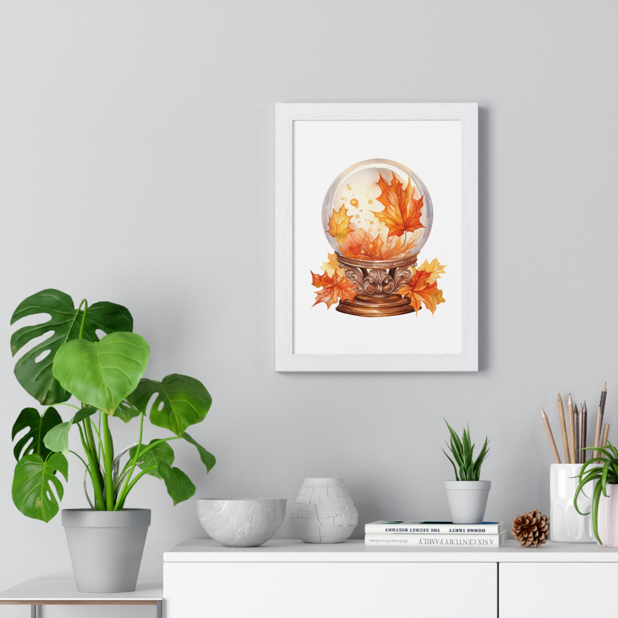 Floating Leaves Snow Globe Wall Art – Ornate Autumn Fantasy Poster | Wooden Frame Seasonal Home Decor