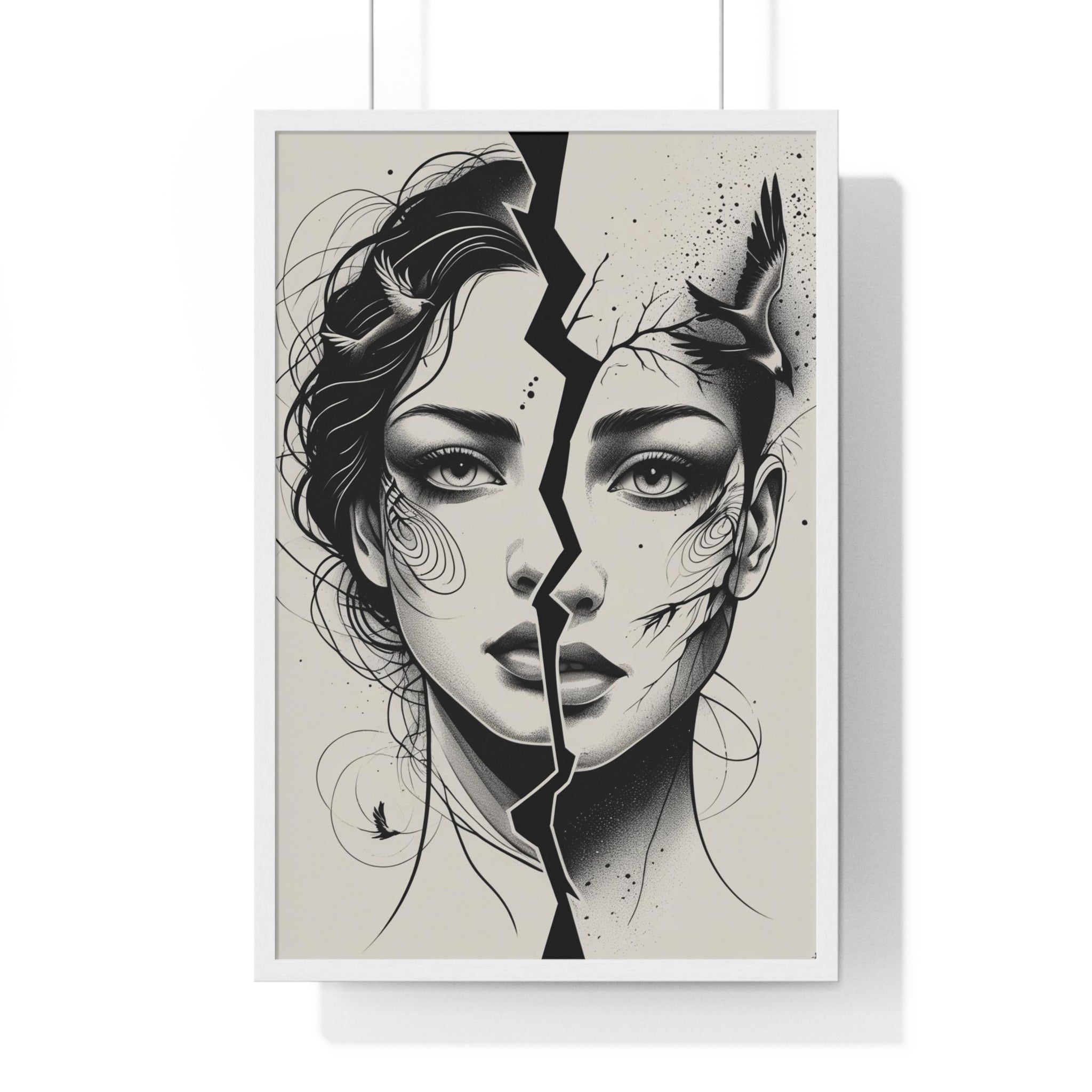 Vertical Framed Poster, Women Split Face Home Decor Art Modern Wall Unique Gift Inspirational Artwork, Wall Hanging Art Print