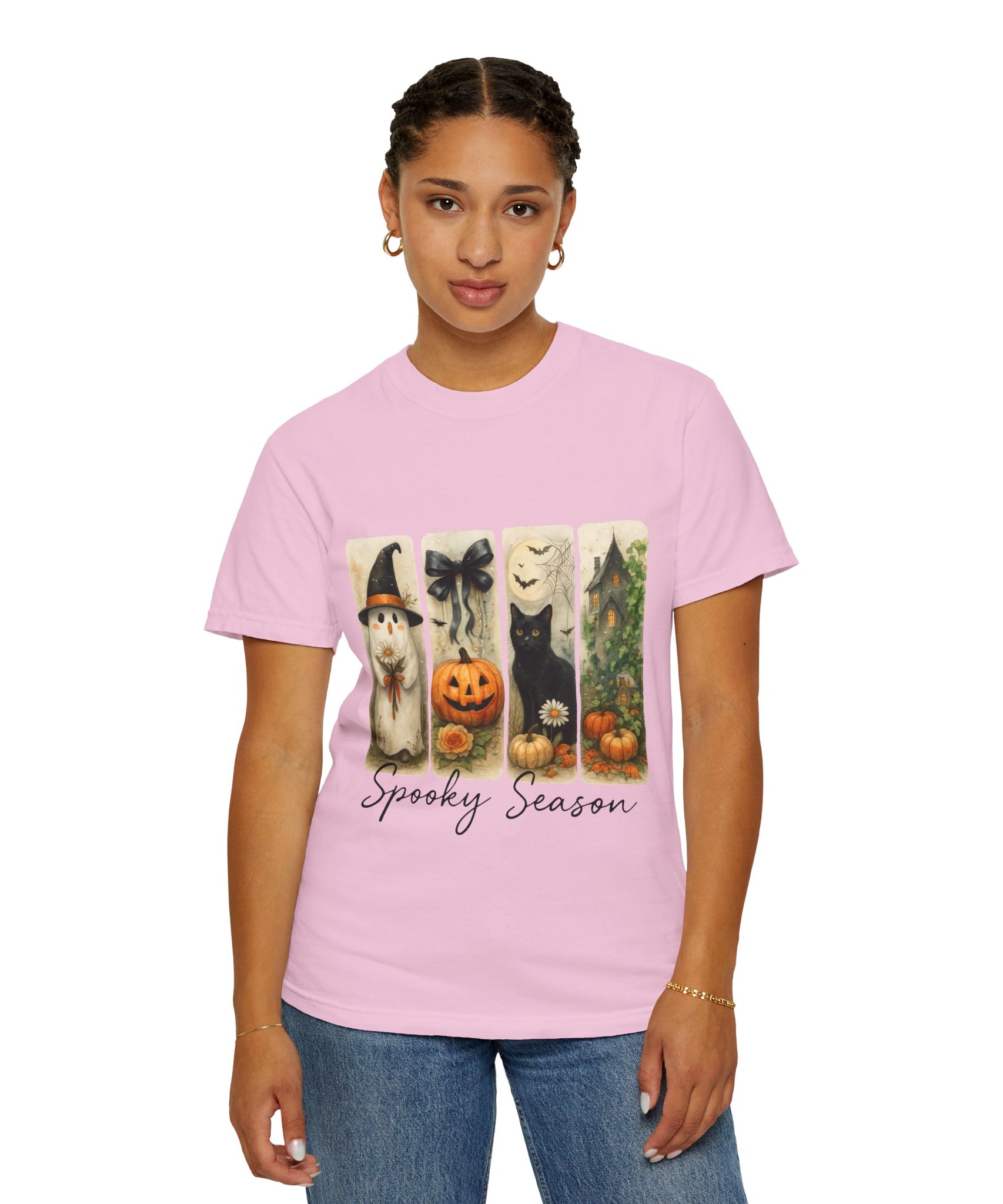 Vintage Halloween Unisex T-Shirt – Cute Ghost, Black Cat, Pumpkin & Haunted House Art - Gallory Hive