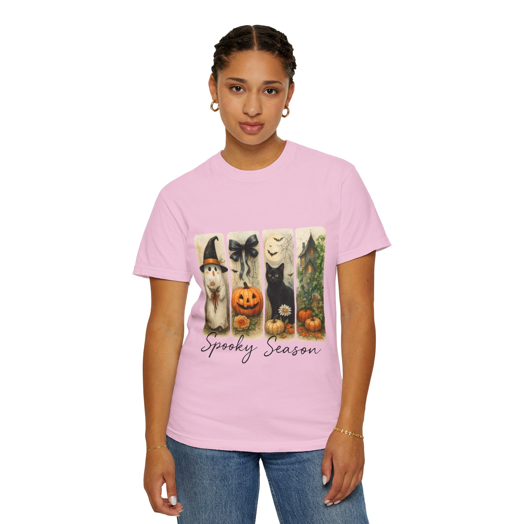 Vintage Halloween Unisex T-Shirt – Cute Ghost, Black Cat, Pumpkin & Haunted House Art