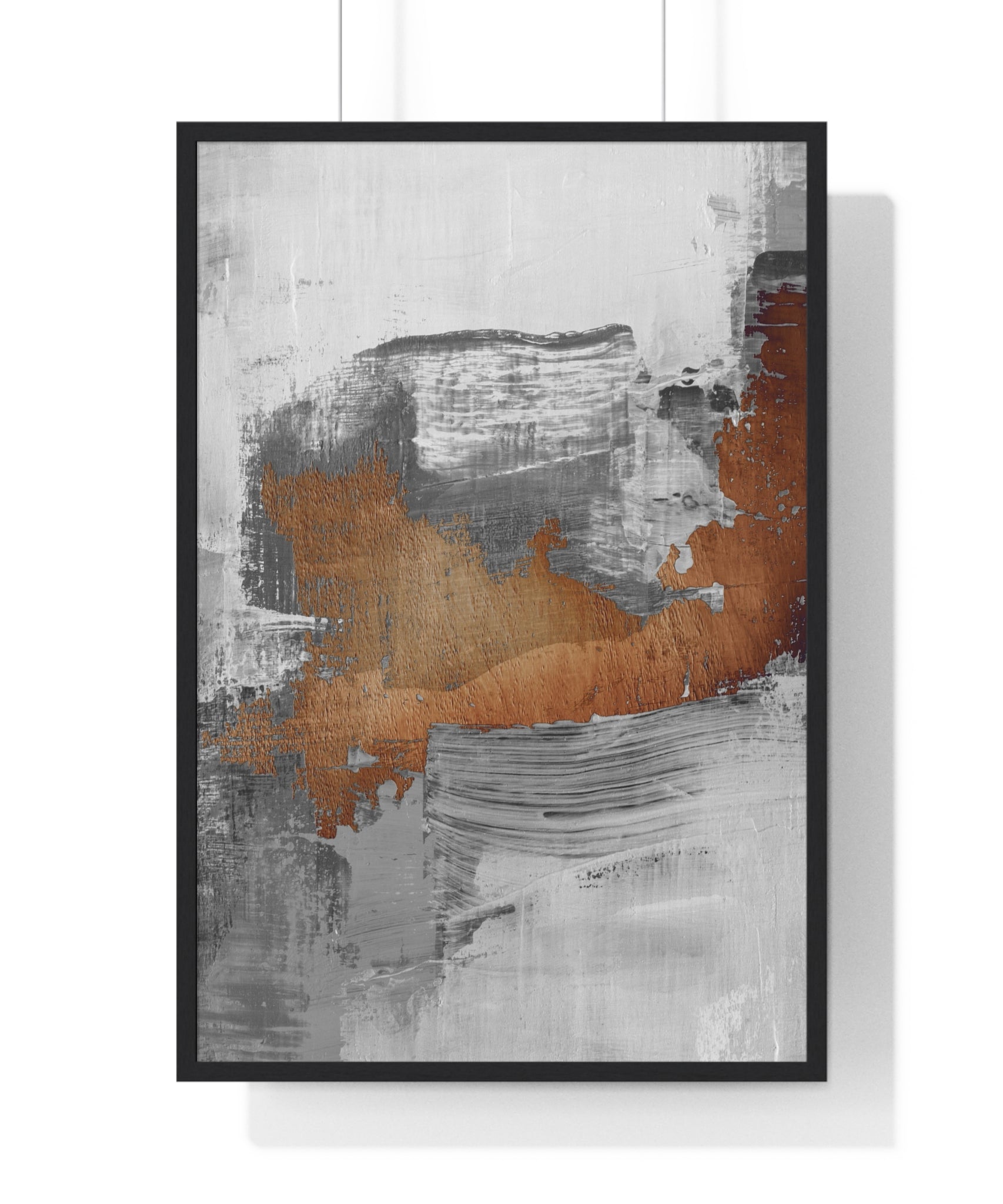 Textured Abstract Wall Art – Grey, Copper & White Modern Brushstroke Poster on Wooden Frame