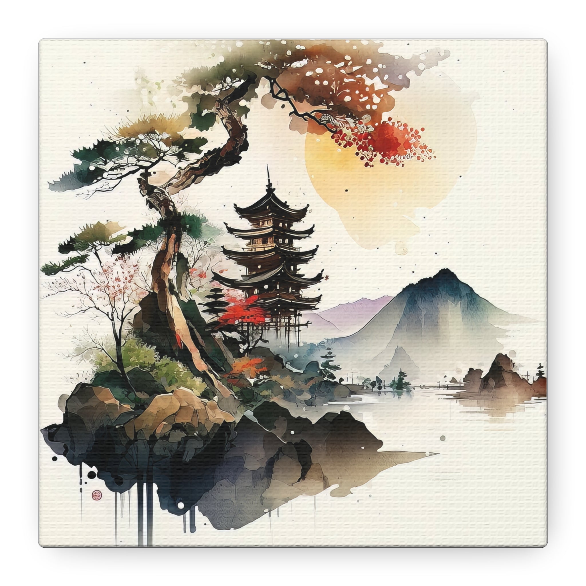 Watercolor Japanese Landscape Art Print – Tranquil Pagoda & Mountain Scene, Floral Canvas Print, Asian-Inspired Home Decor - Gallory Hive