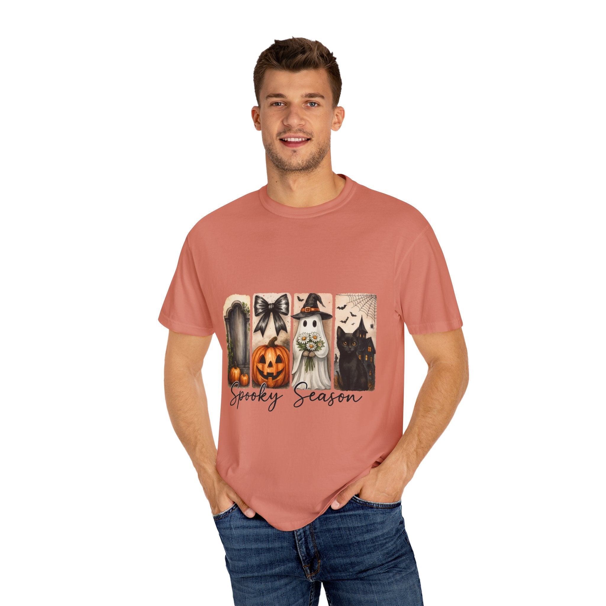 Spooky Season Unisex Halloween T-Shirt – Ghost, Black Cat, Pumpkin & Haunted House Art - Gallory Hive