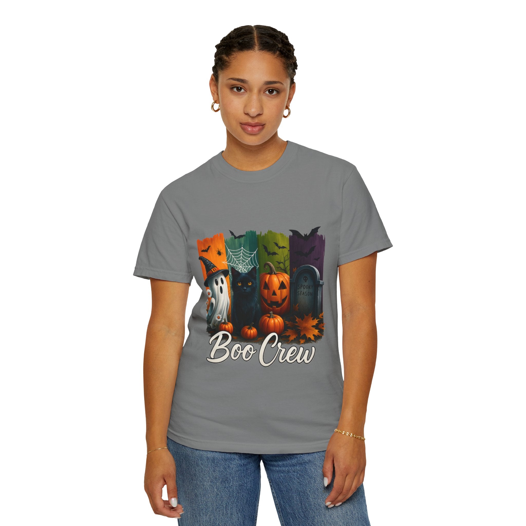 Boo Crew Halloween Unisex T-Shirt – Cute Ghost, Black Cat, Pumpkin & Tombstone Design