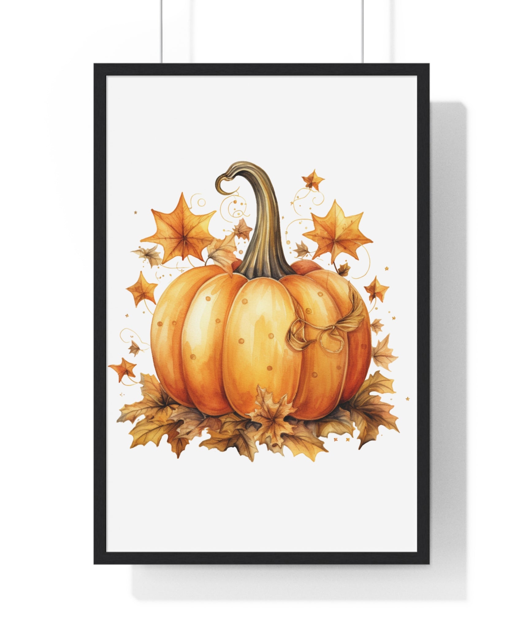 Decorative Autumn Pumpkin Wall Art – Bow-Tied Harvest Poster with Leaves & Swirls | Wooden Frame Fall Decor