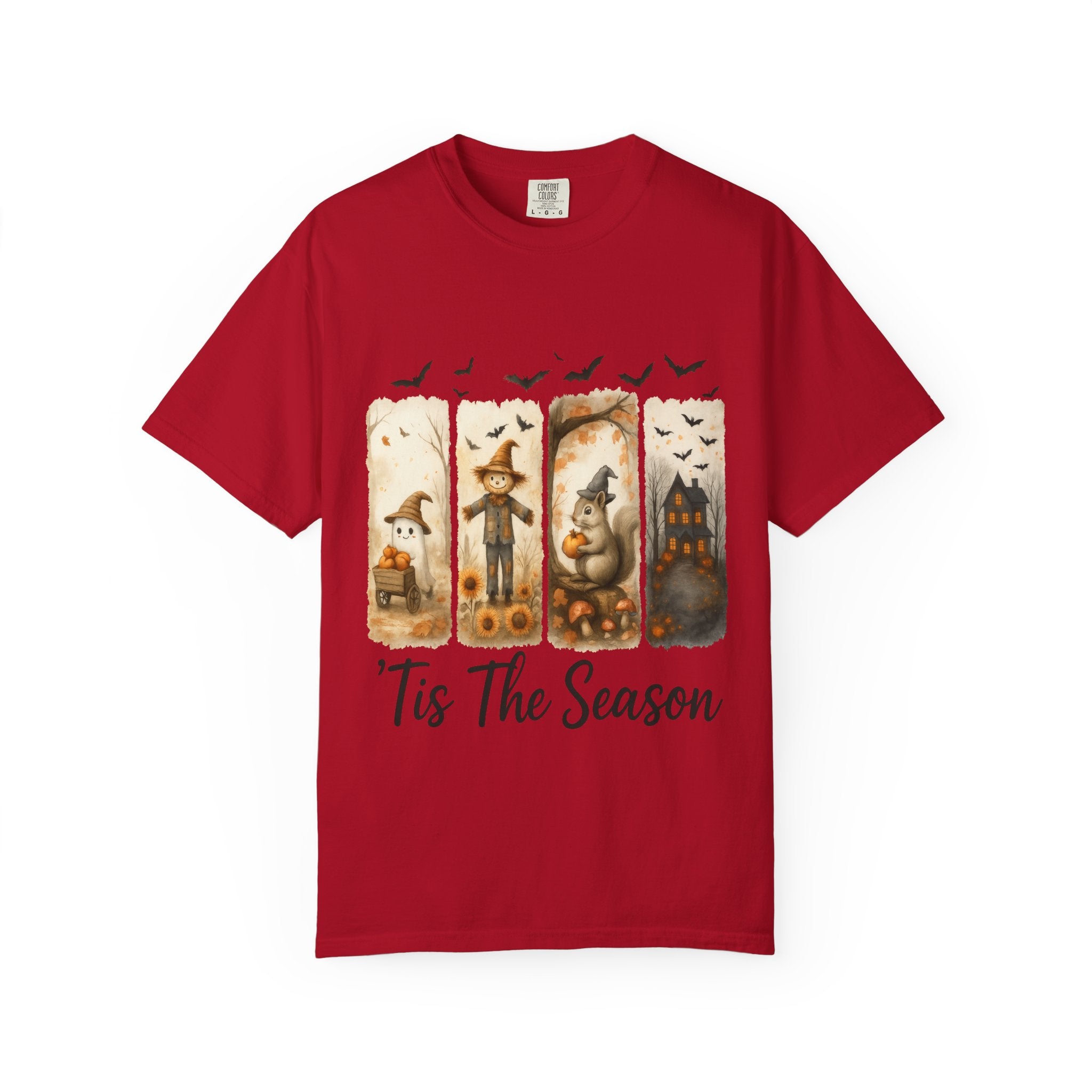 Tis The Season Fall Halloween T-Shirt – Cute Ghost, Scarecrow, Squirrel & Haunted House Design