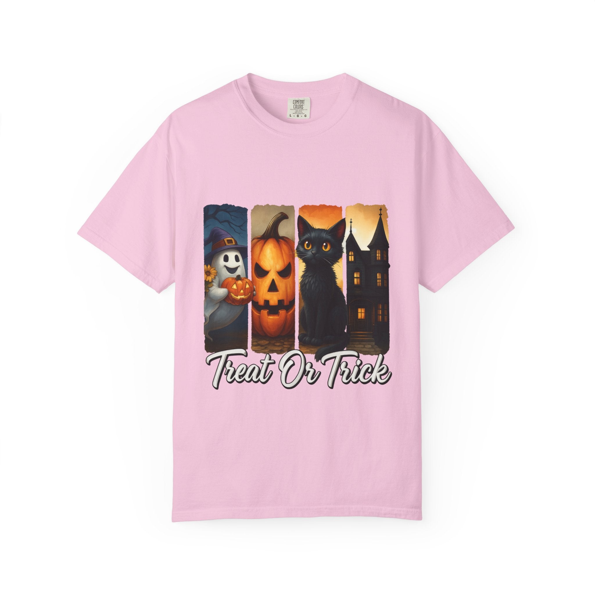 Treat Or Trick Halloween T-Shirt – Cute Ghost, Pumpkin, Black Cat & Haunted House Design