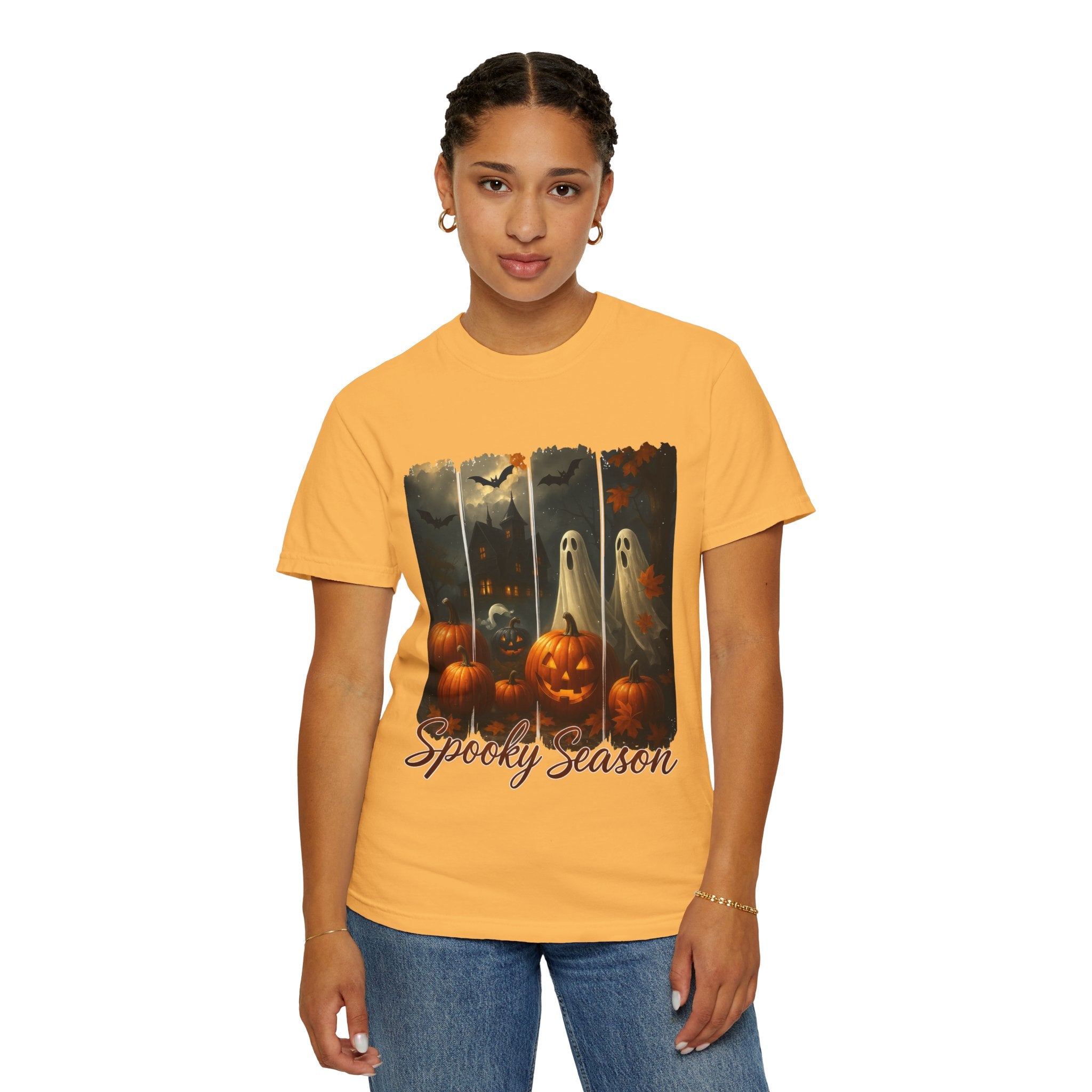 Spooky Season Unisex Halloween T-Shirt – Haunted House, Pumpkins & Ghosts Fall Design