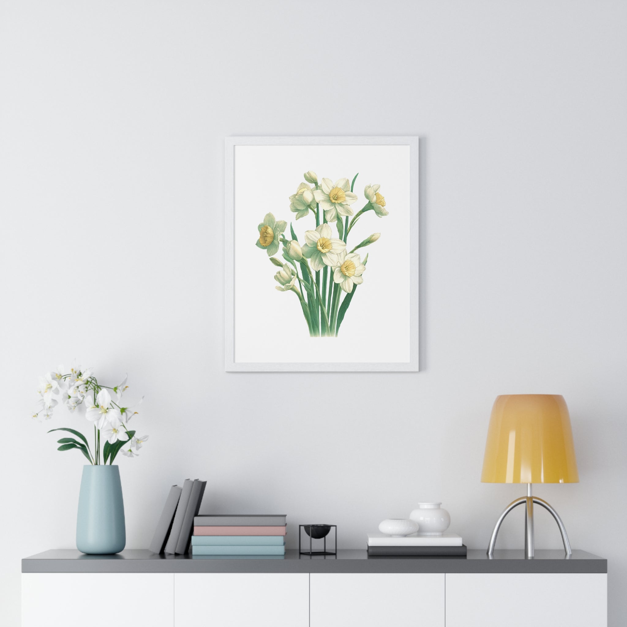December Birth Month Flower Wall Art – Narcissus Botanical Illustration in Wooden Frame | Hope, Good Fortune & Renewal