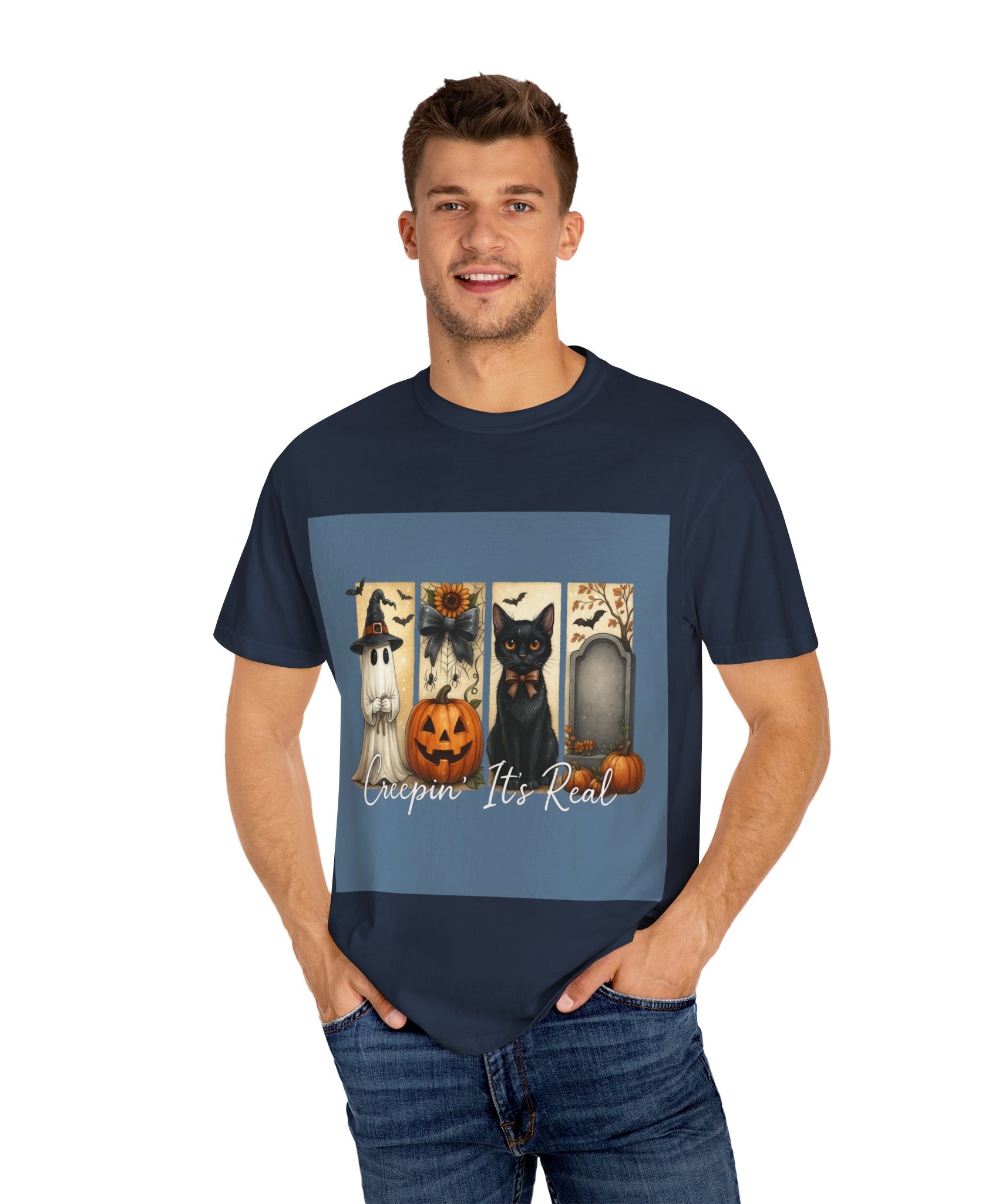 Creepin’ It’s Real Halloween T-Shirt – Cute Ghost, Pumpkin, Black Cat & Tombstone Design - Gallory Hive