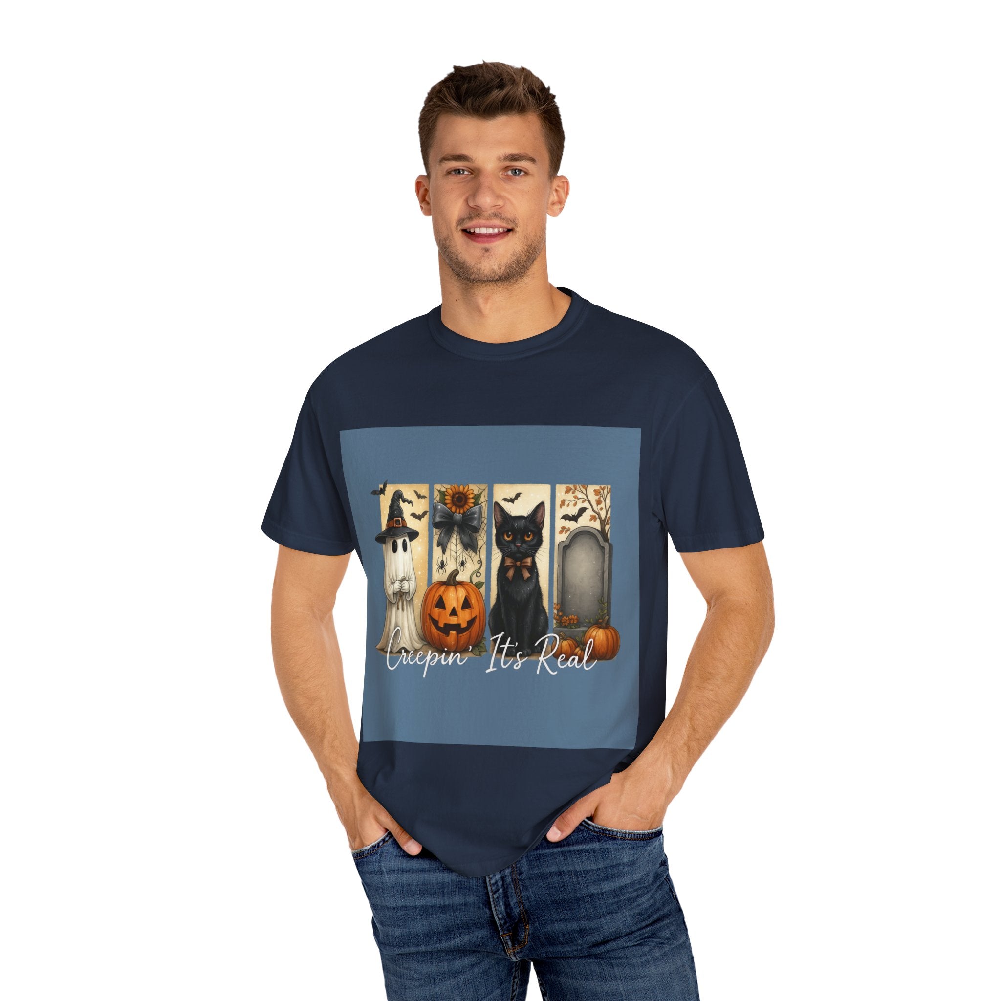 Creepin’ It’s Real Halloween T-Shirt – Cute Ghost, Pumpkin, Black Cat & Tombstone Design