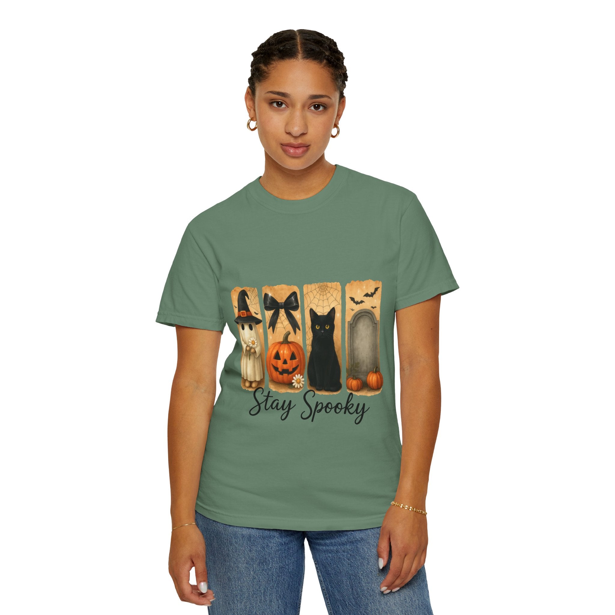 Cute Halloween T-Shirt – Ghost in Witch Hat, Pumpkin, Black Cat & Tombstone Design