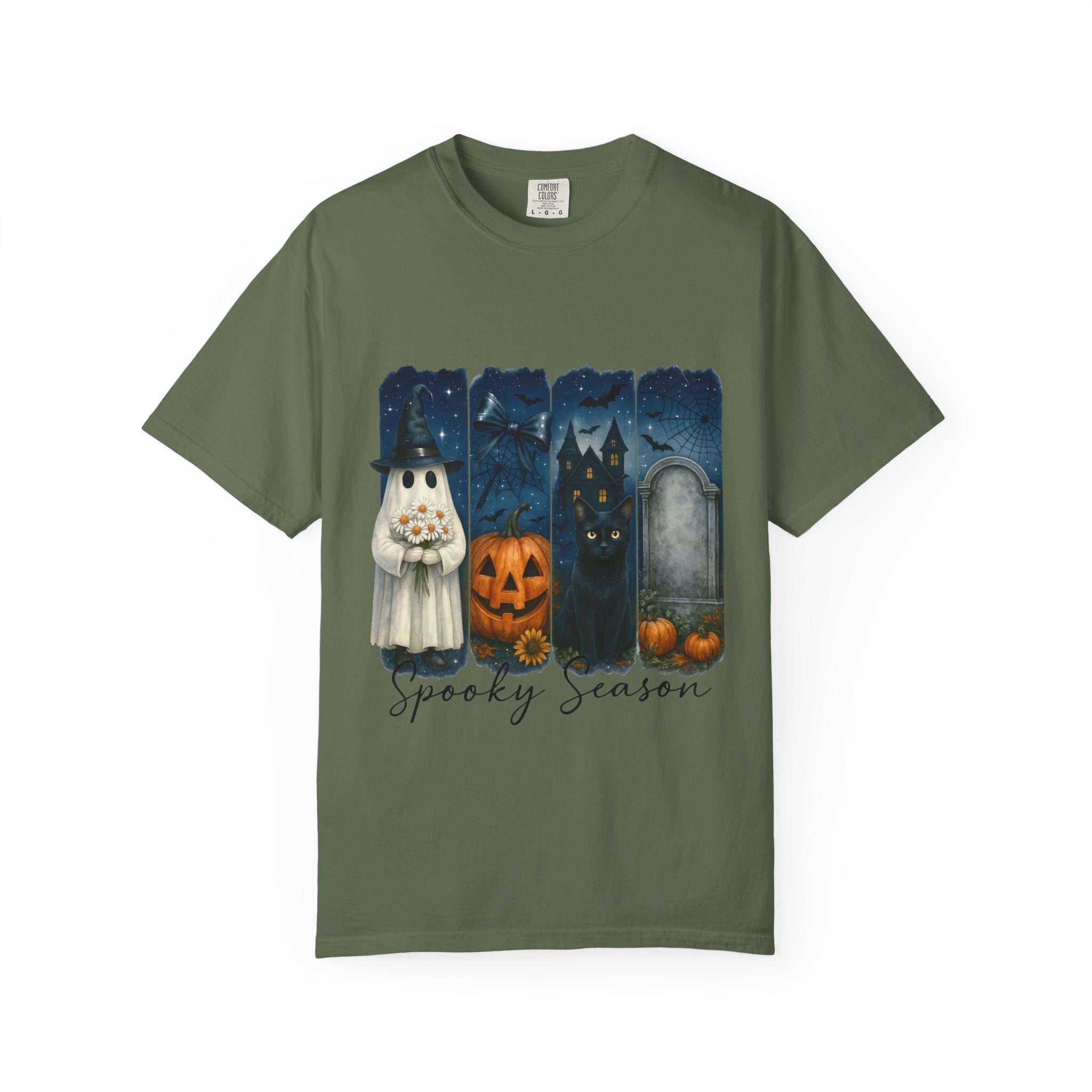 Spooky Season Halloween T-Shirt – Ghost, Black Cat, Pumpkin & Haunted House Design
