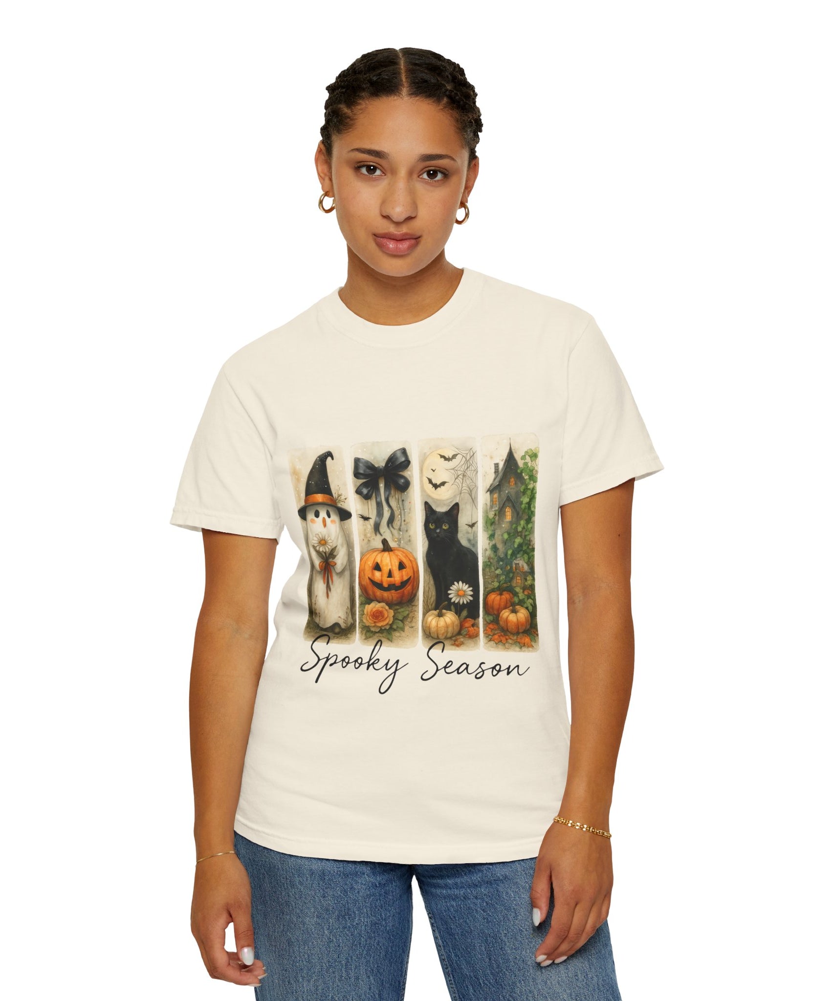 Vintage Halloween Unisex T-Shirt – Cute Ghost, Black Cat, Pumpkin & Haunted House Art - Gallory Hive