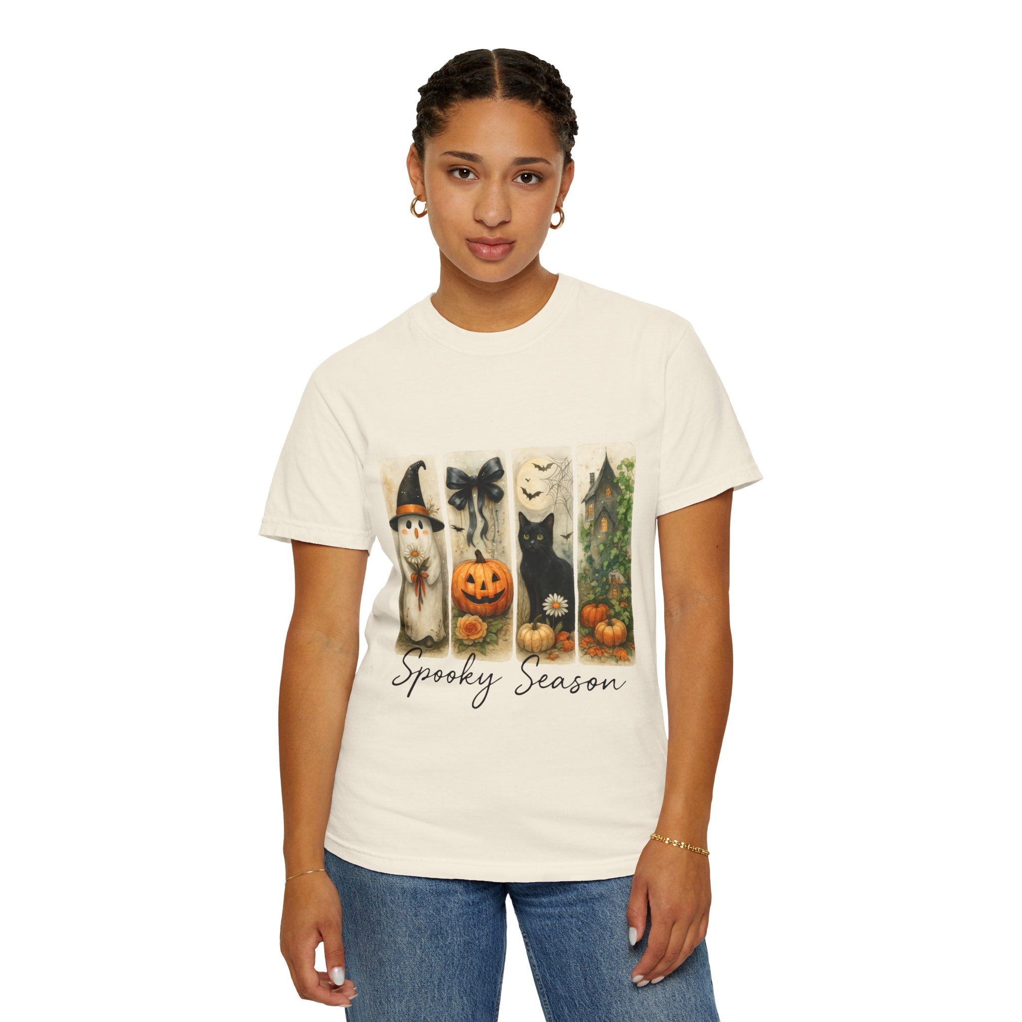 Vintage Halloween Unisex T-Shirt – Cute Ghost, Black Cat, Pumpkin & Haunted House Art