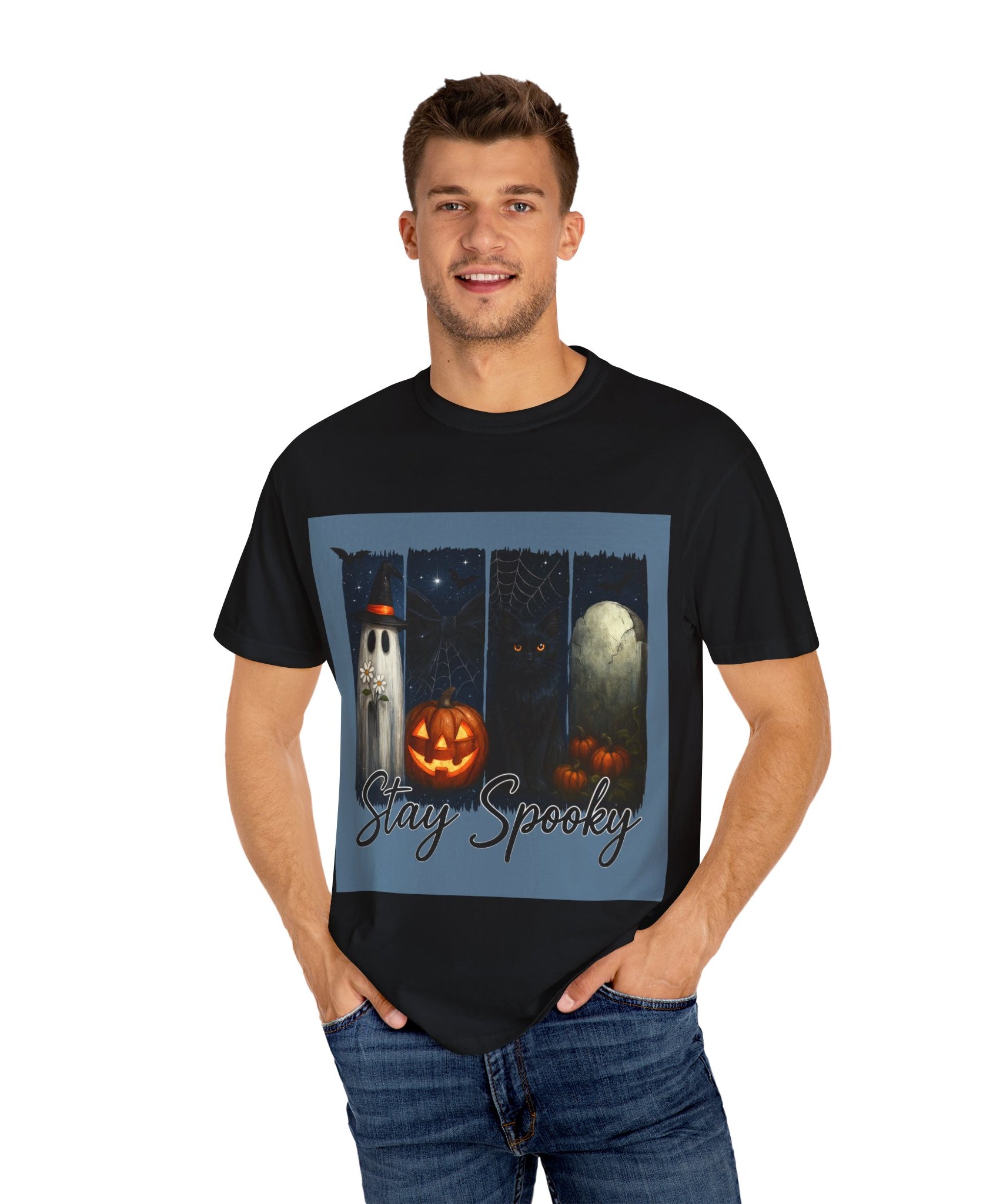 Stay Spooky Halloween T-Shirt – Cute Ghost, Black Cat, Pumpkin & Graveyard Design - Gallory Hive