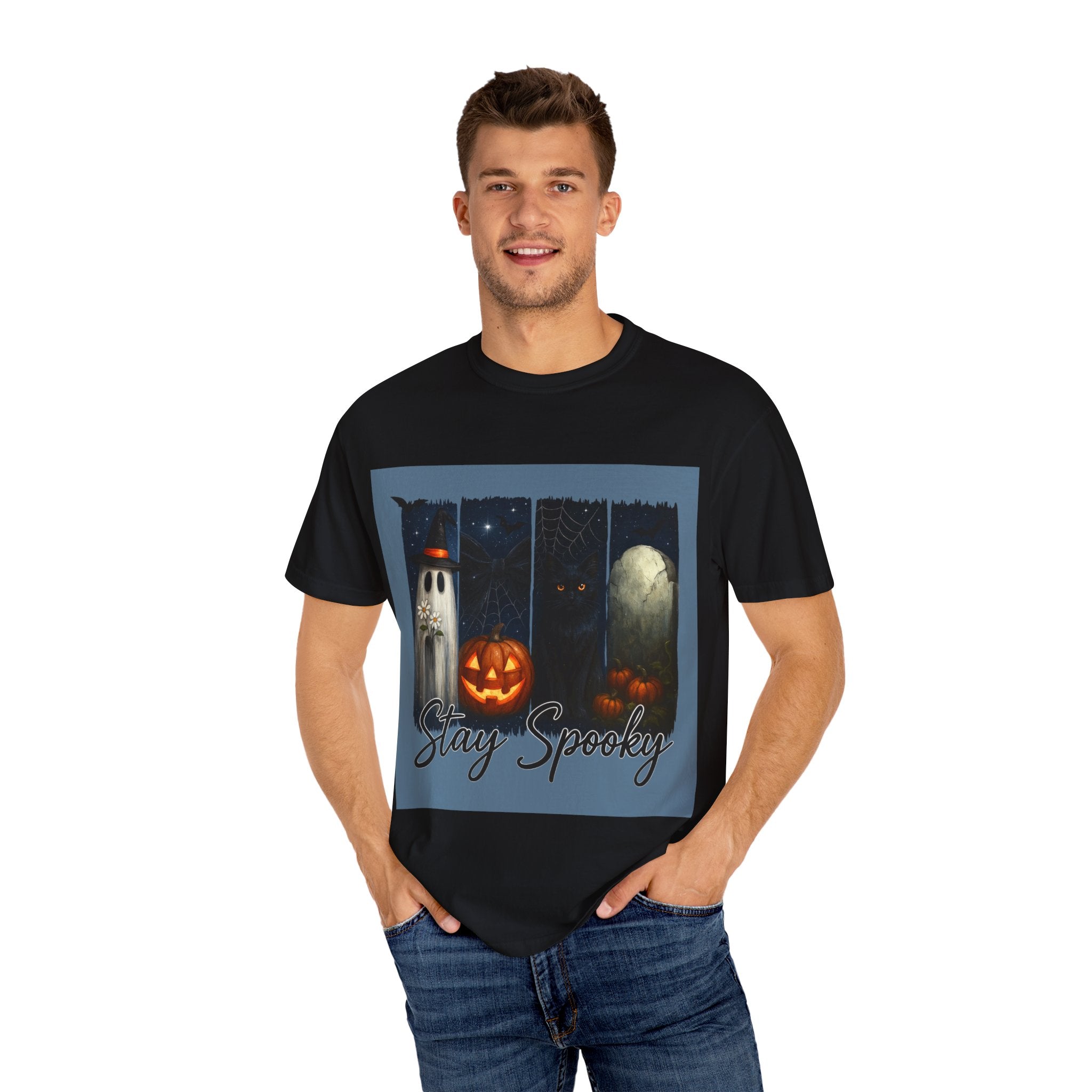Stay Spooky Halloween T-Shirt – Cute Ghost, Black Cat, Pumpkin & Graveyard Design - Gallory Hive