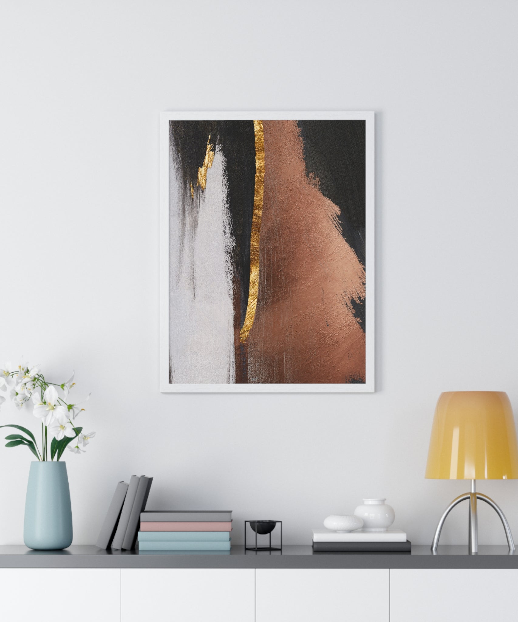 Modern Abstract Wall Art – Bold Black, Copper & Gold Textured Poster on Wooden Frame – Luxury Canvas Print for Home or Office