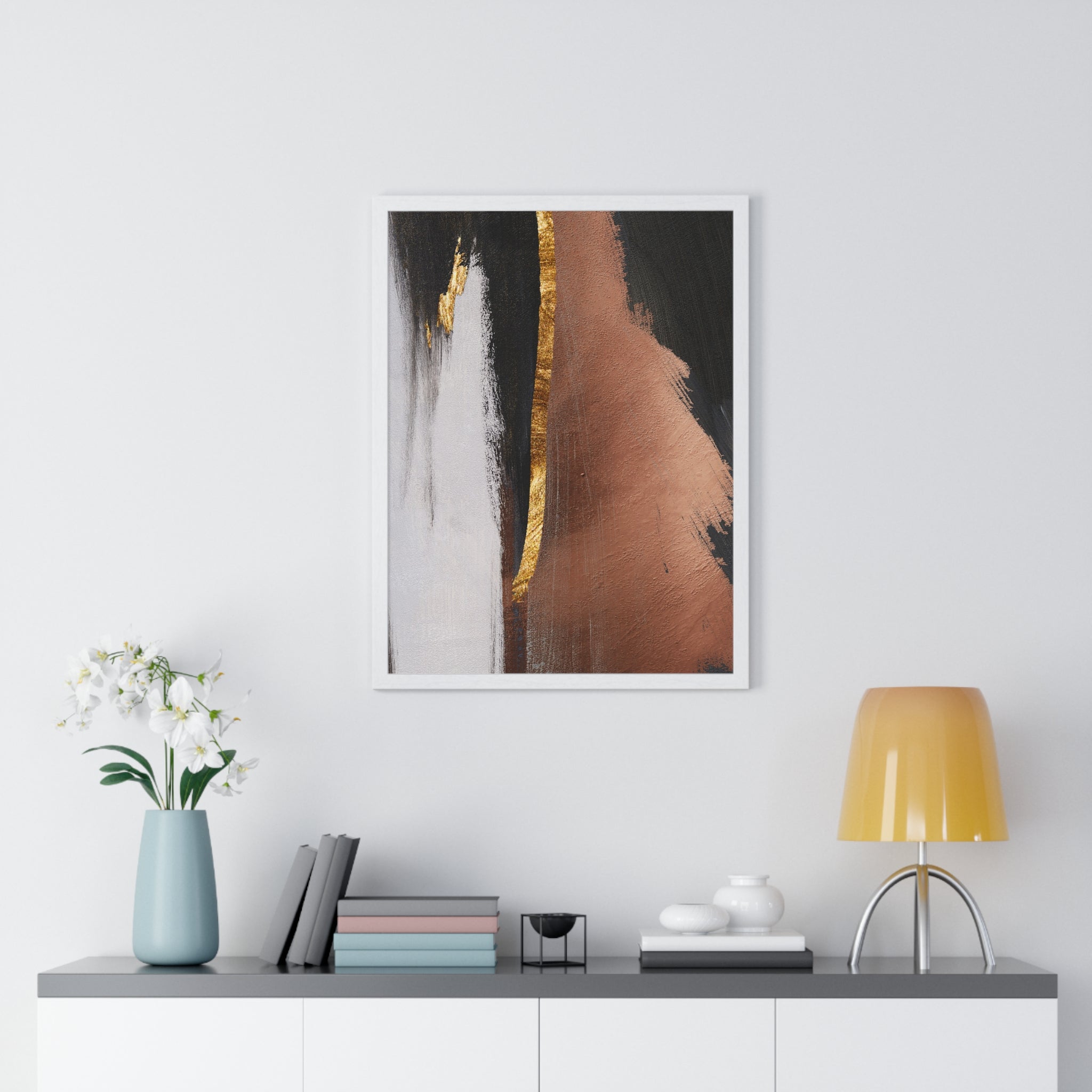 Modern Abstract Wall Art – Bold Black, Copper & Gold Textured Poster on Wooden Frame – Luxury Canvas Print for Home or Office
